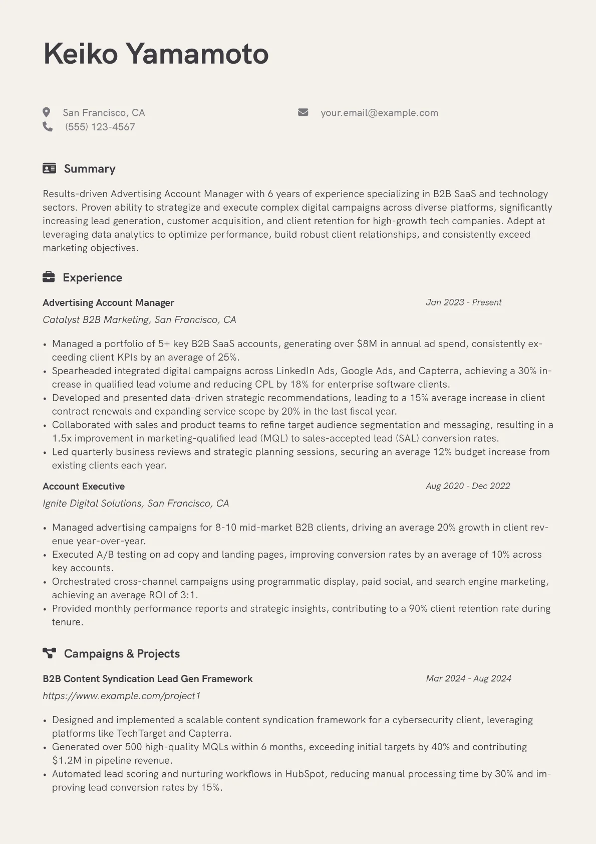 Advertising Account Manager resume example, Advertising Account, page 1