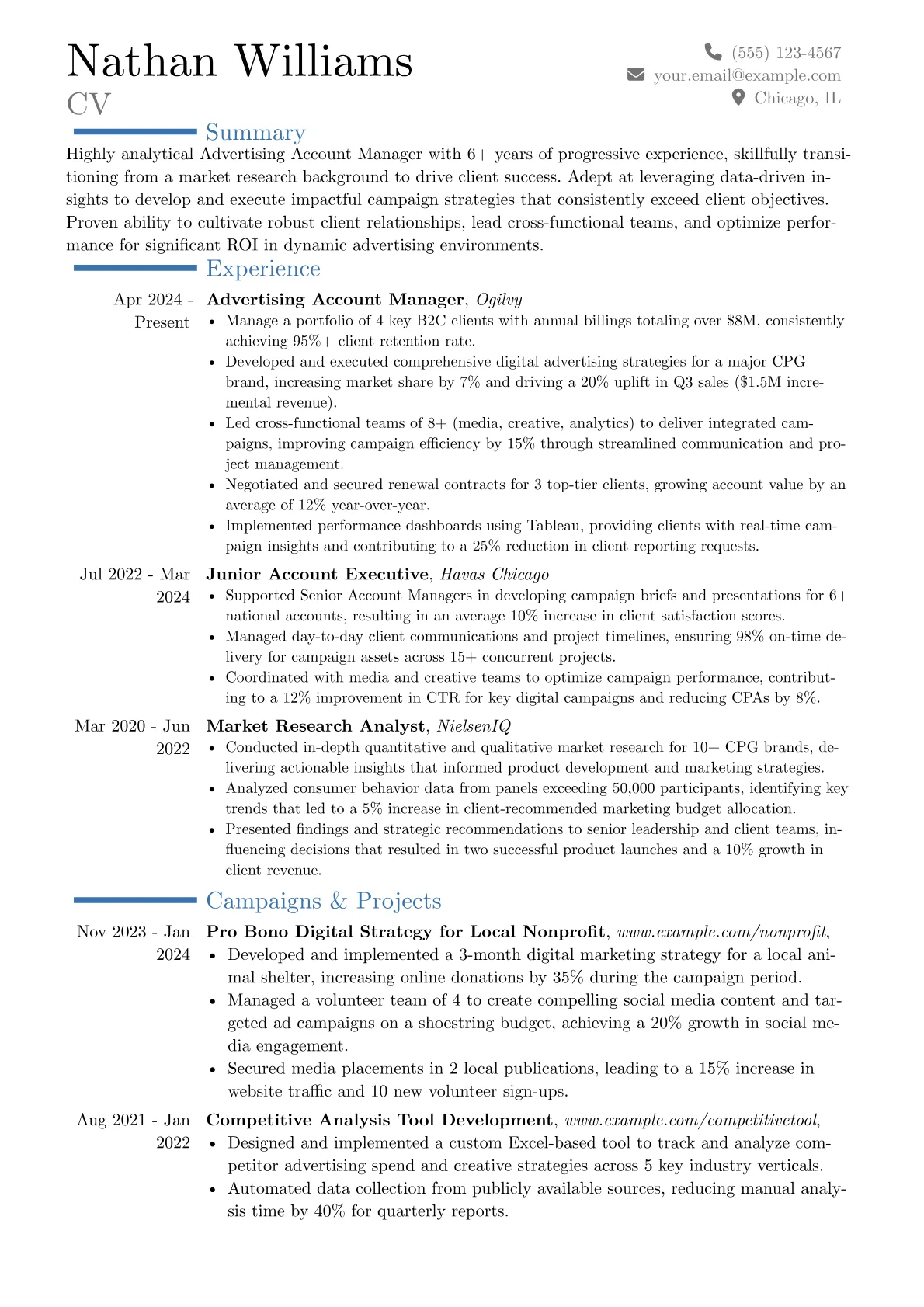 Advertising Account Manager resume example, Career changer, page 1