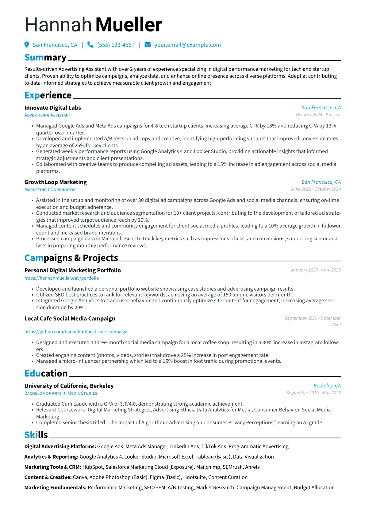 Advertising Assistant resume example, Digital Performance, page 1