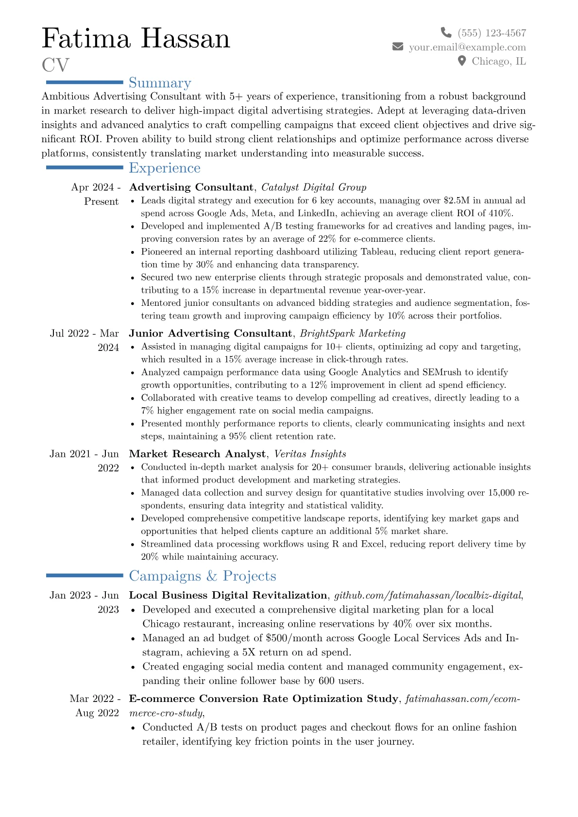 Advertising Consultant resume example, Career changer, page 1