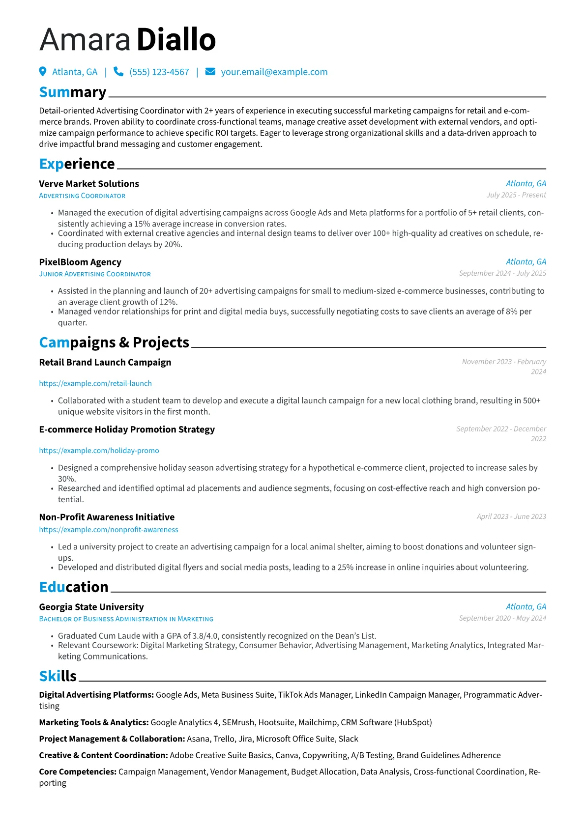 Advertising Coordinator resume example, entry-in-house-retail-ecom, page 1