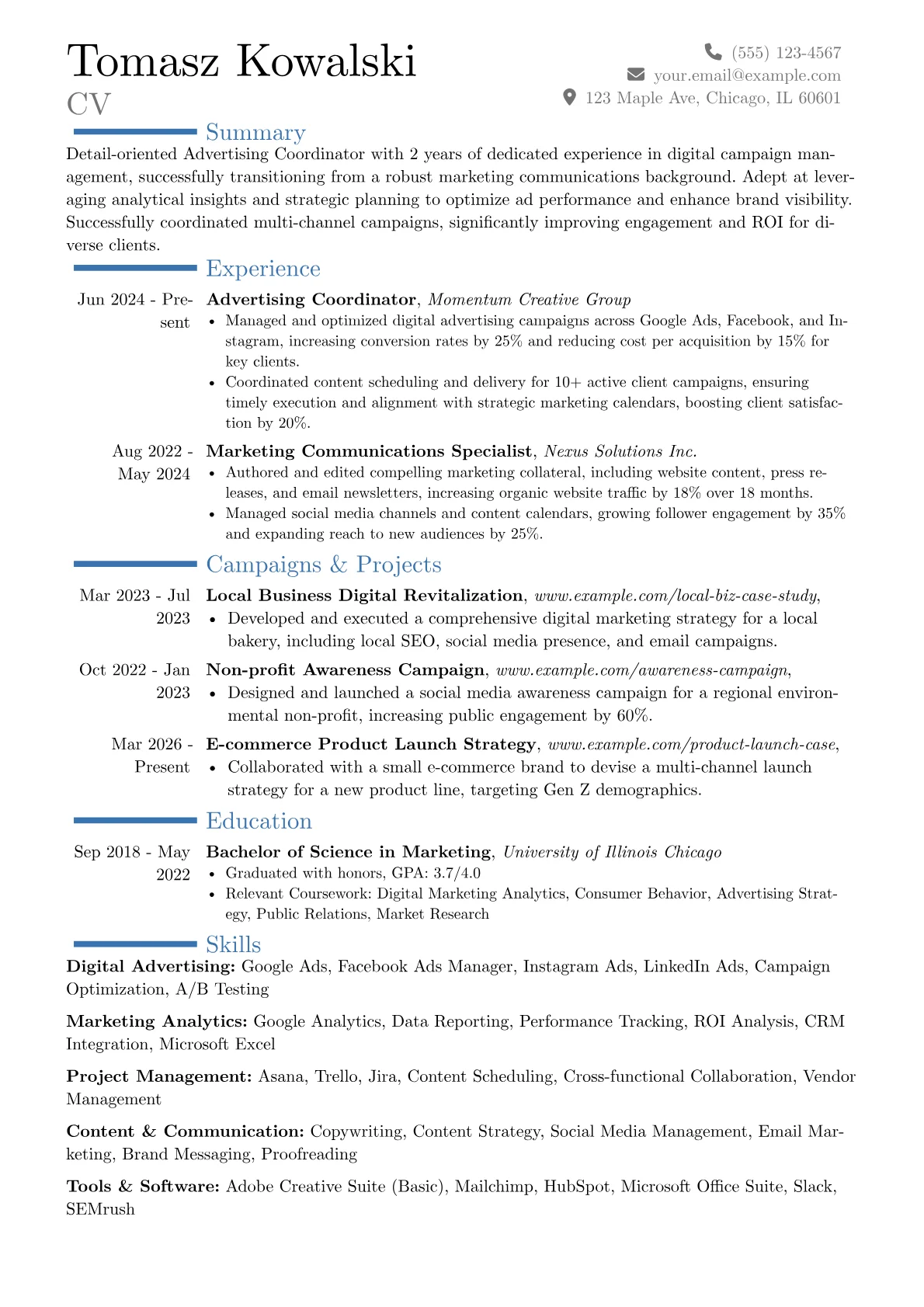 Advertising Coordinator resume example, Career changer, page 1