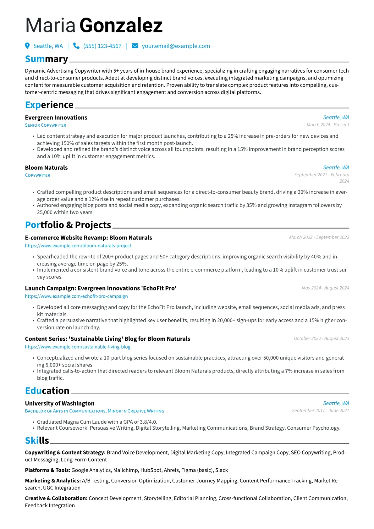 Advertising Copywriter resume example, In-house Brand Copywriter, page 1