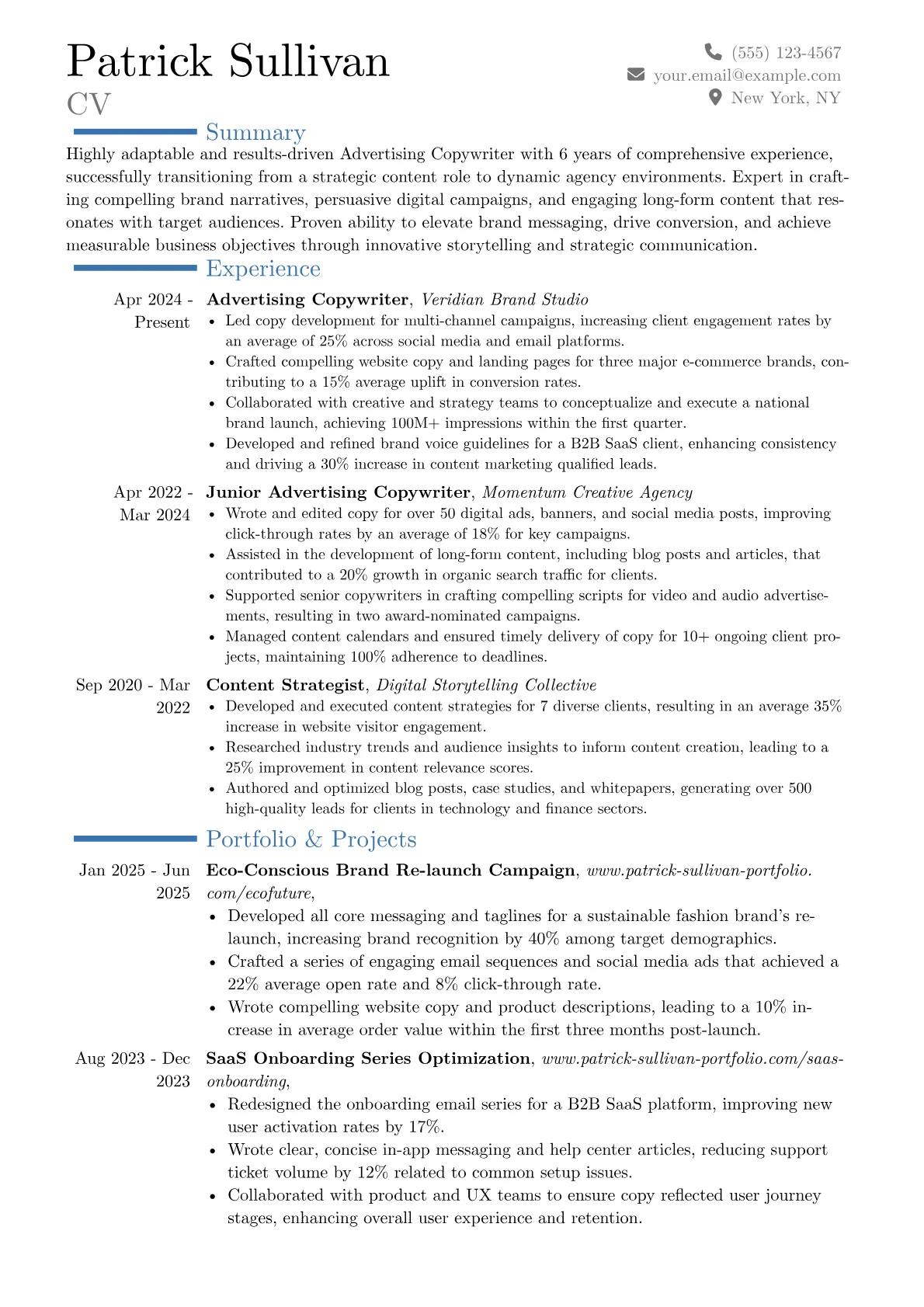 Advertising Copywriter resume example, Career changer, page 1