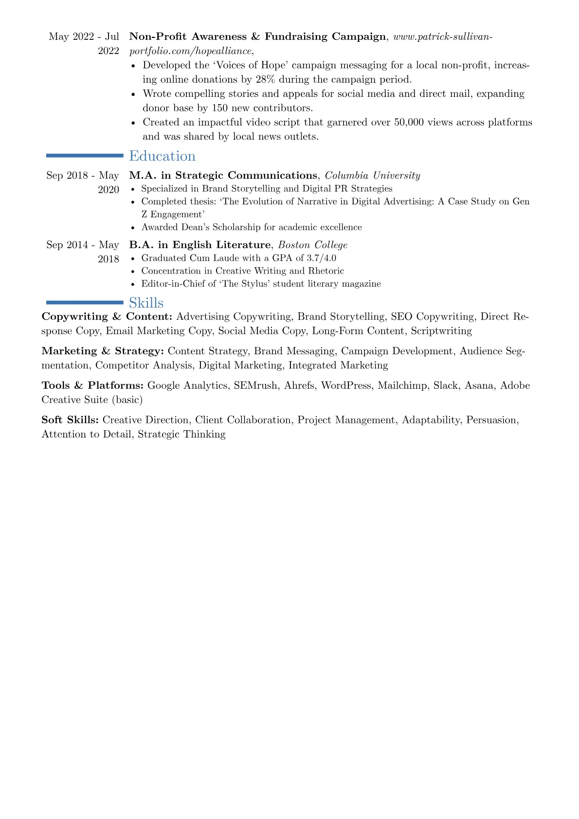 Advertising Copywriter resume example, Career changer, page 2