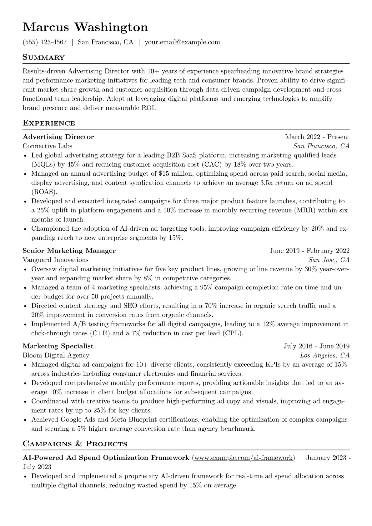Advertising Director resume example, Advertising Director, page 1