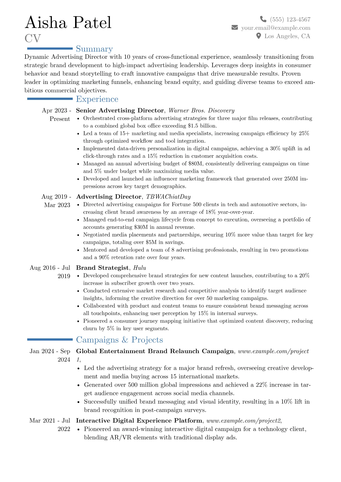 Advertising Director resume example, Career changer, page 1