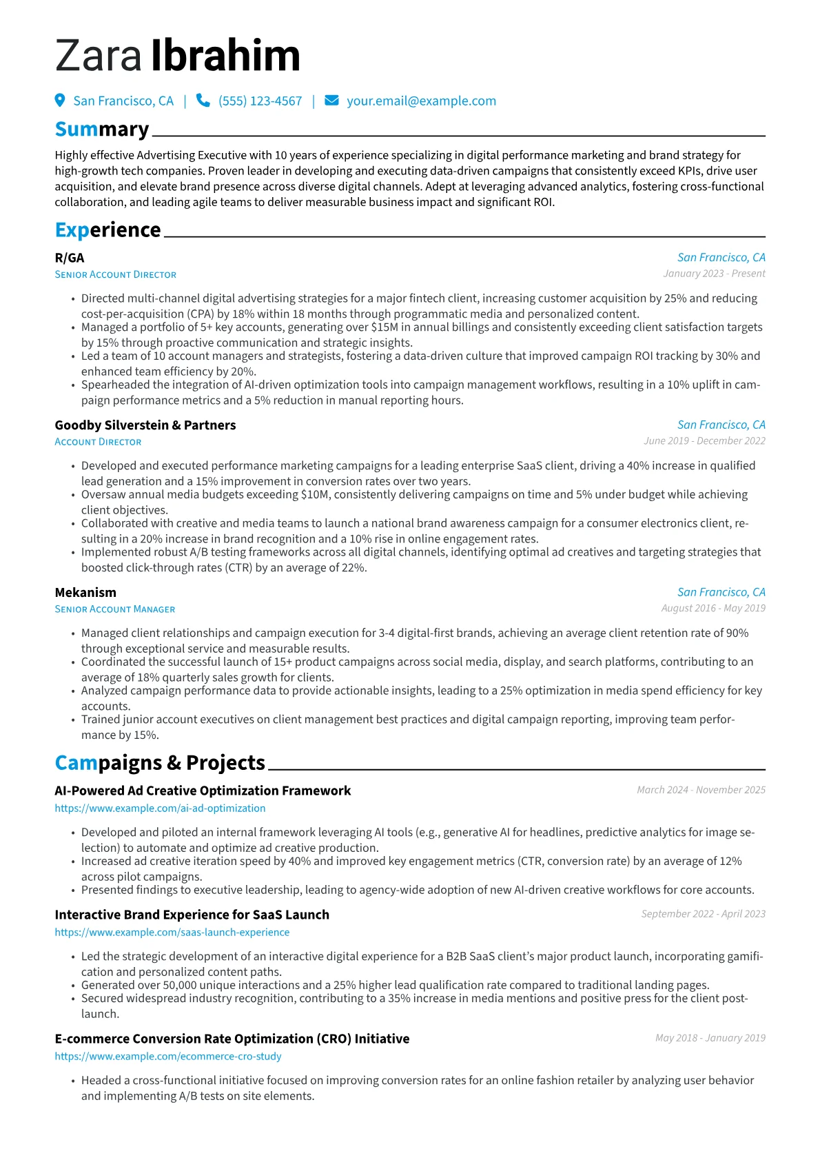 Advertising Executive resume example, Digital Performance, page 1