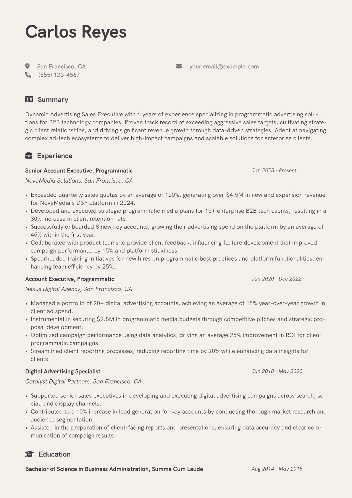 Advertising Sales Executive resume example, Ad-Tech Programmatic, page 1