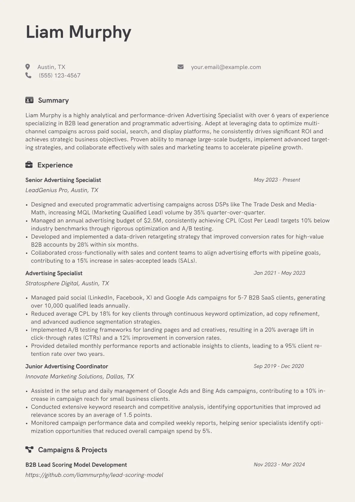 Advertising Specialist resume example, B2B Performance Marketing, page 1