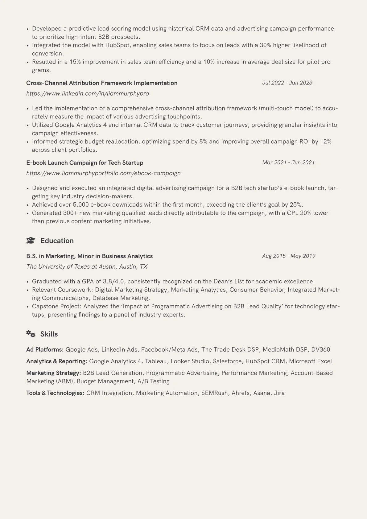 Advertising Specialist resume example, B2B Performance Marketing, page 2
