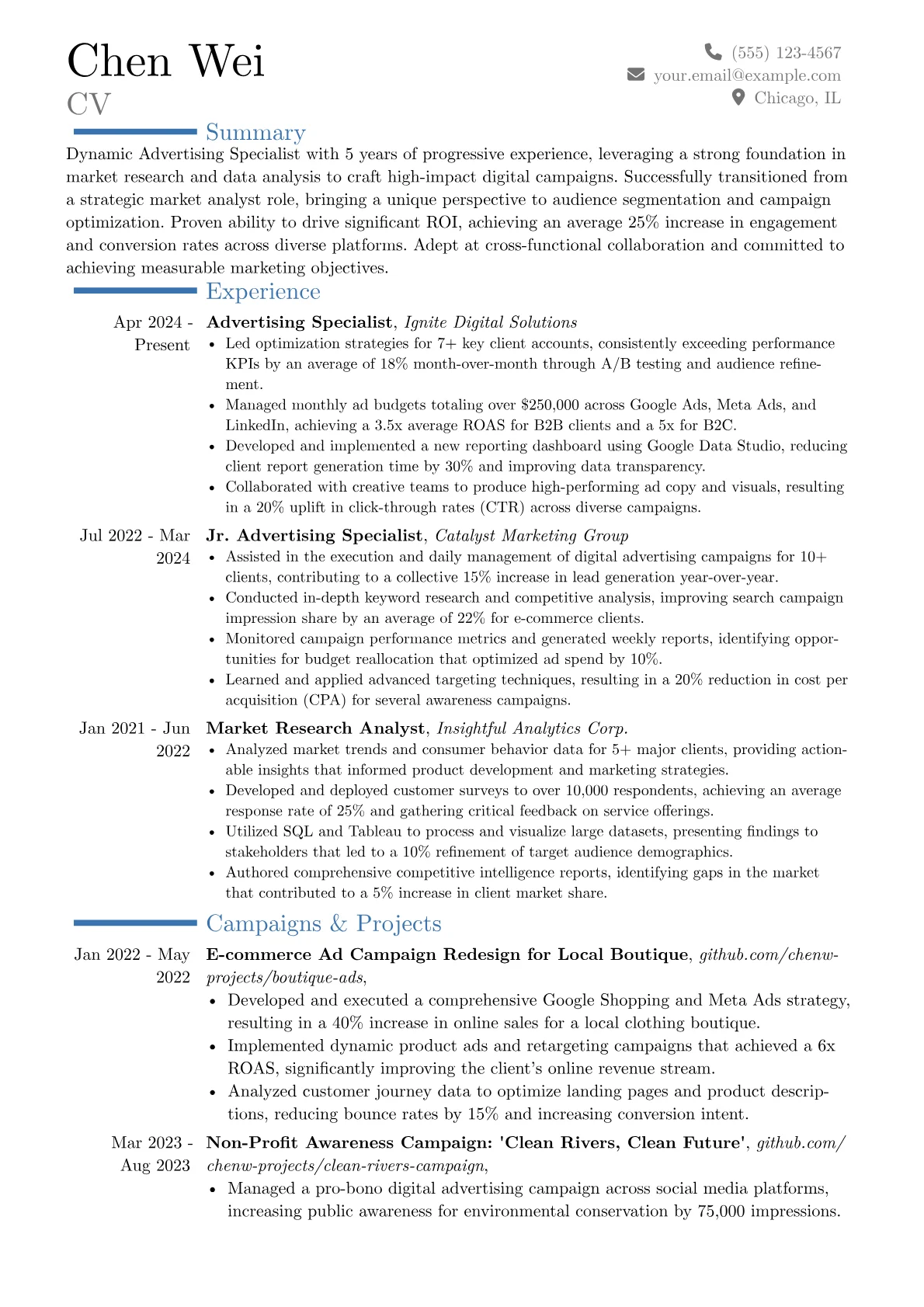 Advertising Specialist resume example, Career changer, page 1