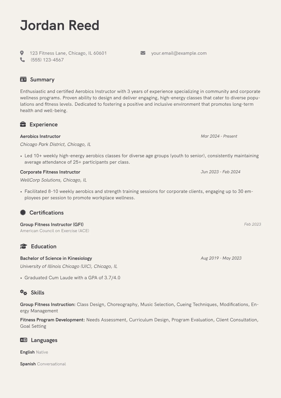 Aerobics Instructor resume example, Community/Corporate, page 1