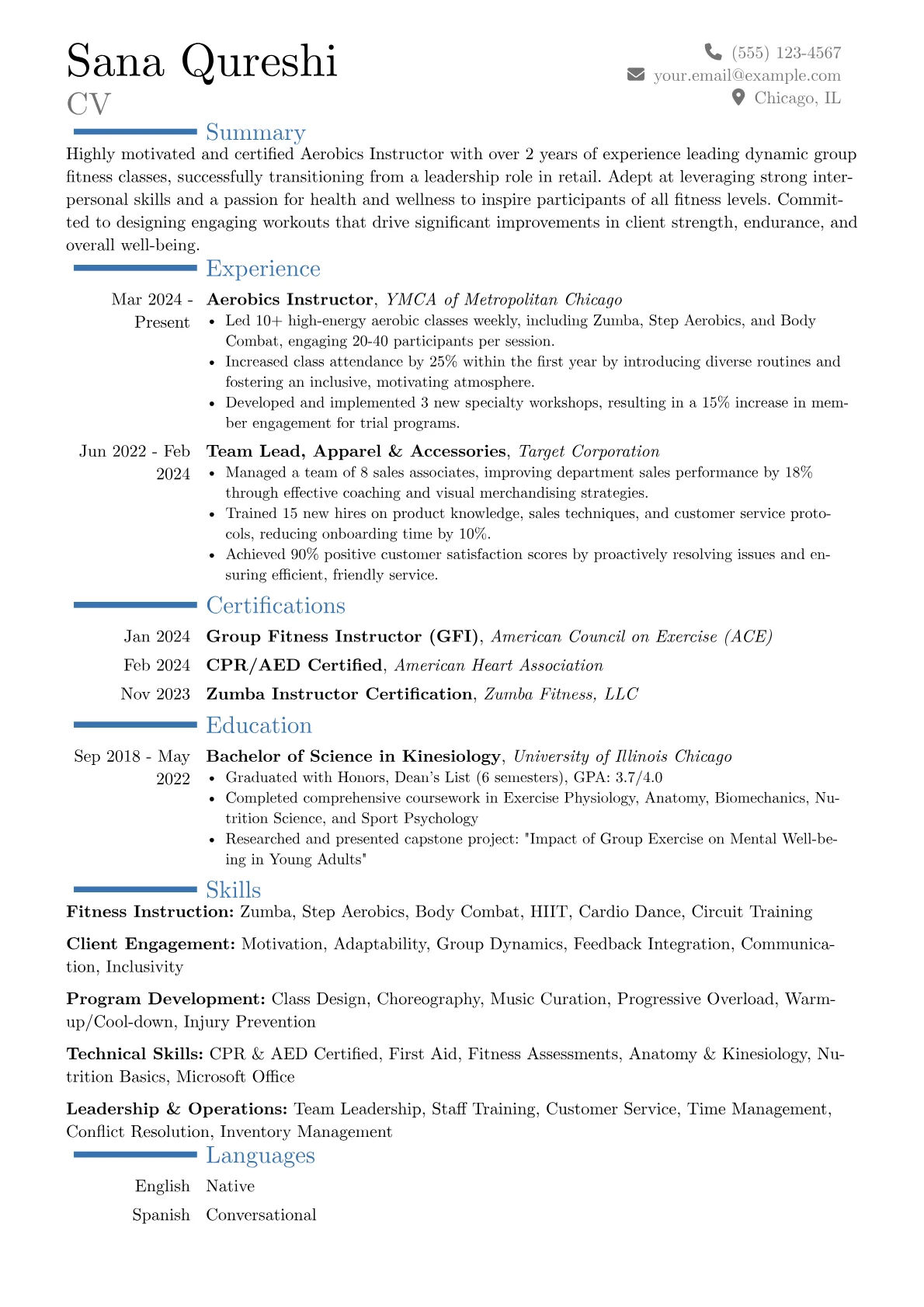 Aerobics Instructor resume example, Career changer, page 1