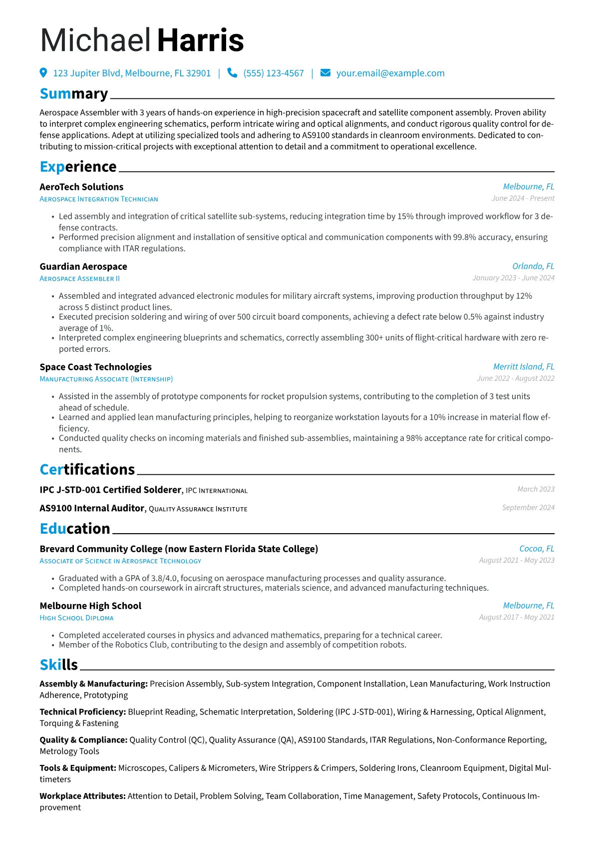 Aerospace Assembler resume example, Assembly & Manufacturing, page 1