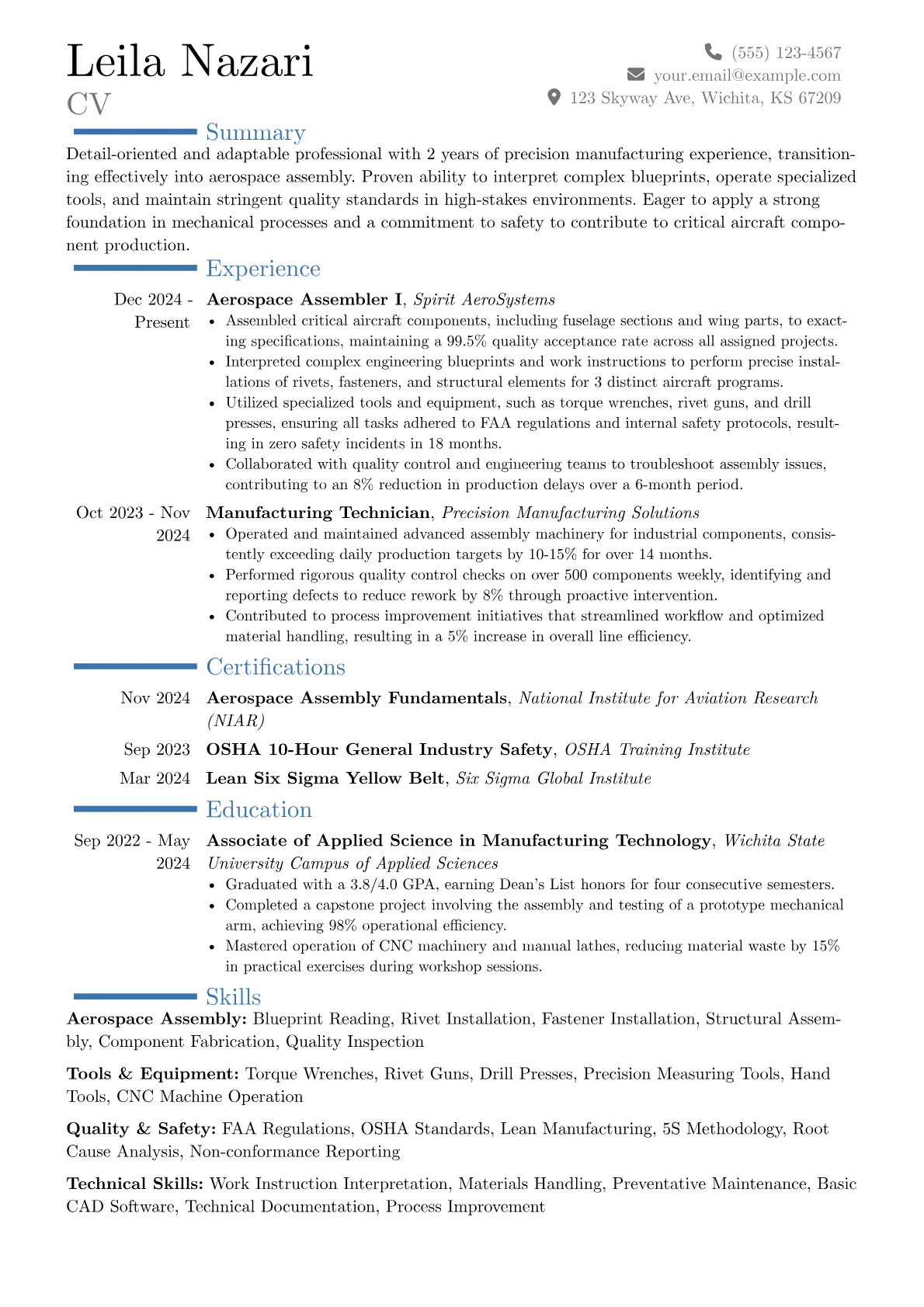 Aerospace Assembler resume example, Career changer, page 1