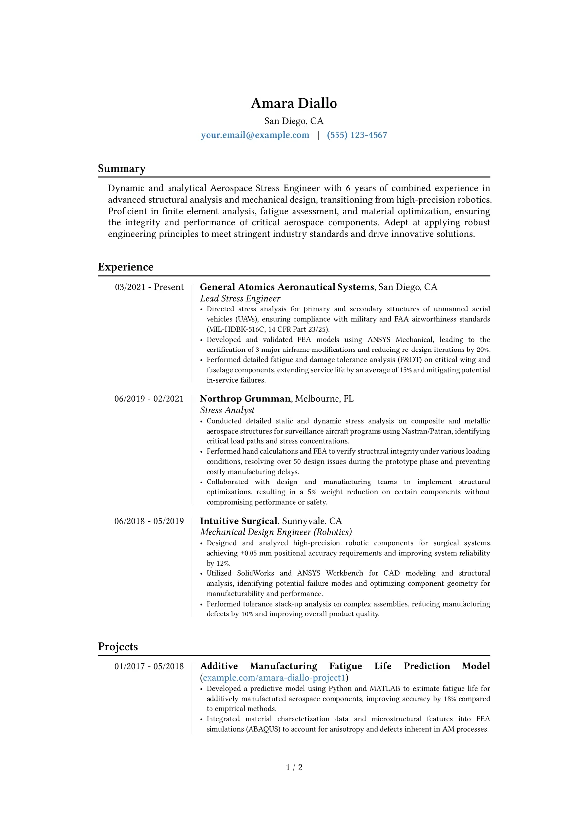 Aerospace Stress Engineer resume example, Career changer, page 1