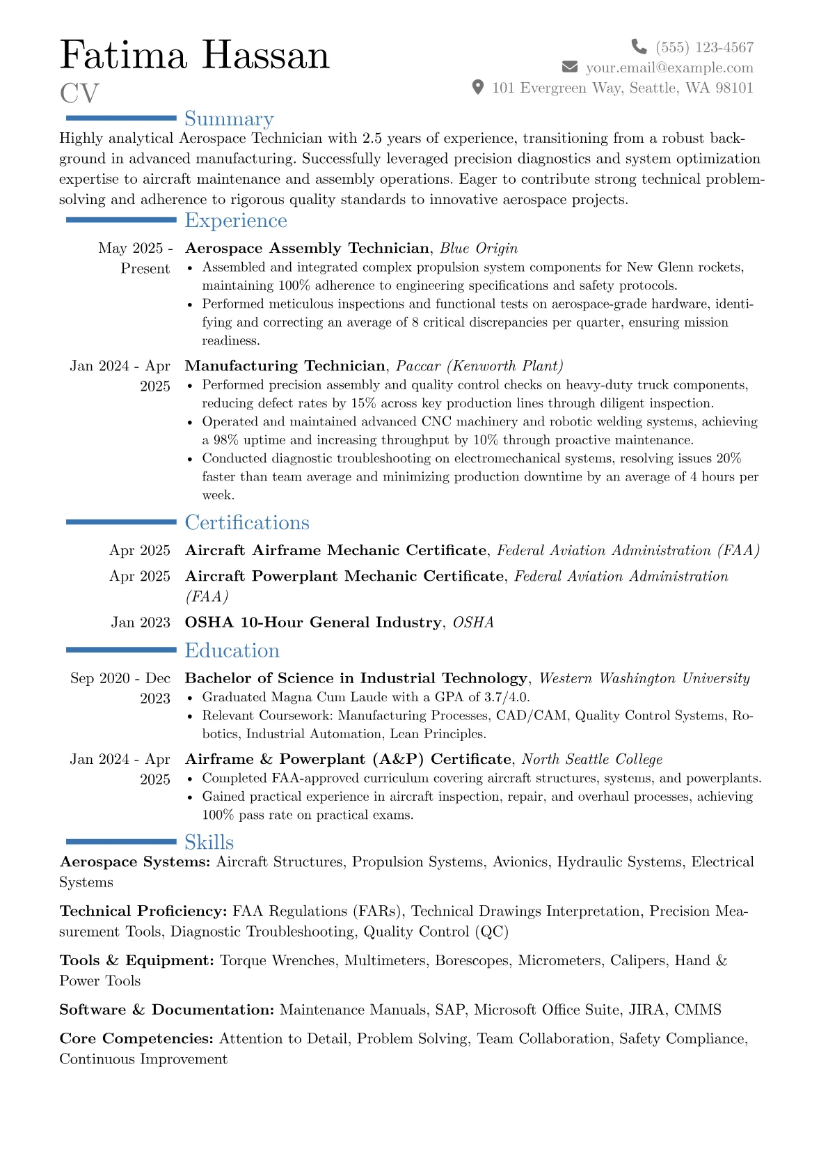 Aerospace Technician resume example, Career changer, page 1