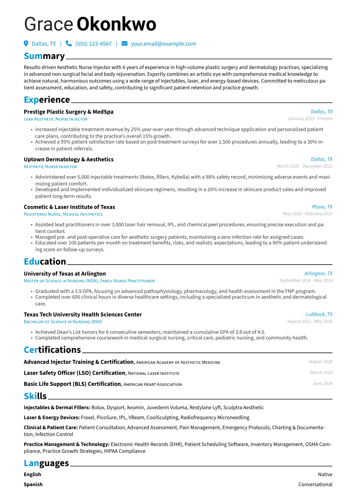 Aesthetic Nurse Injector resume example, Plastic Surgery Focus, page 1