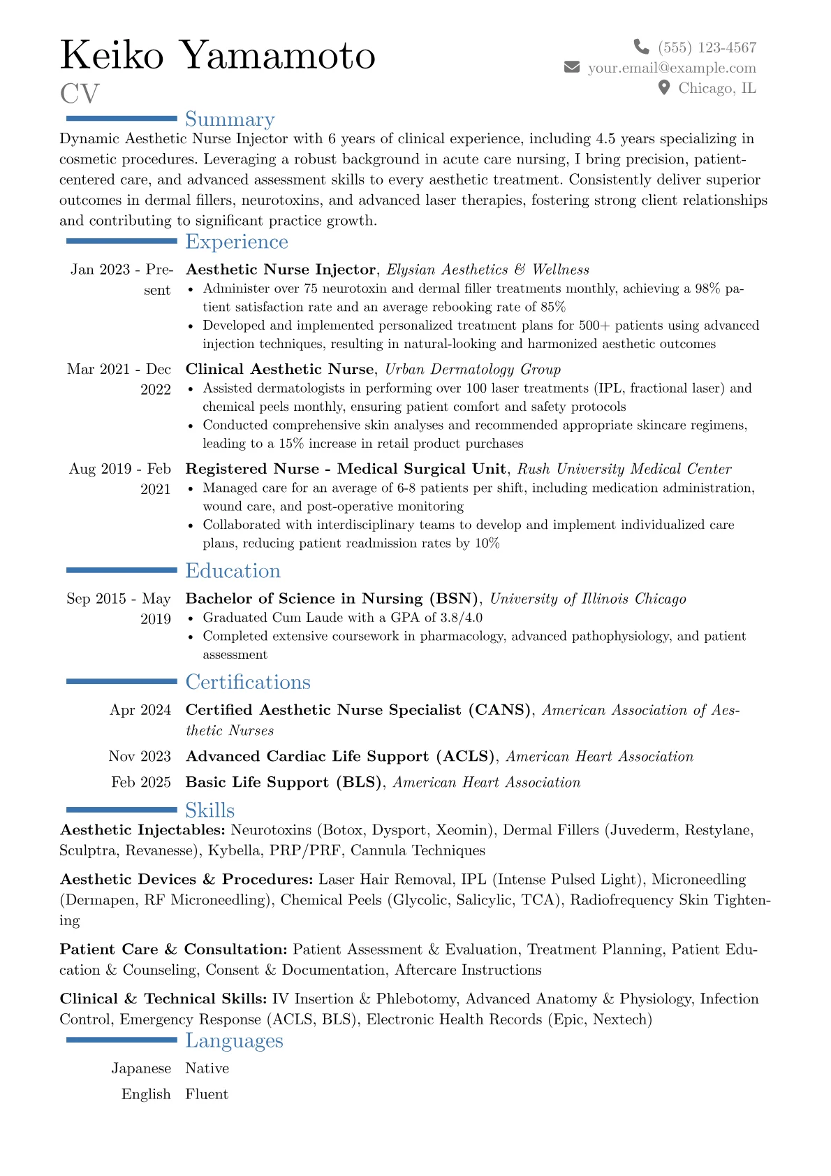 Aesthetic Nurse Injector resume example, Career changer, page 1