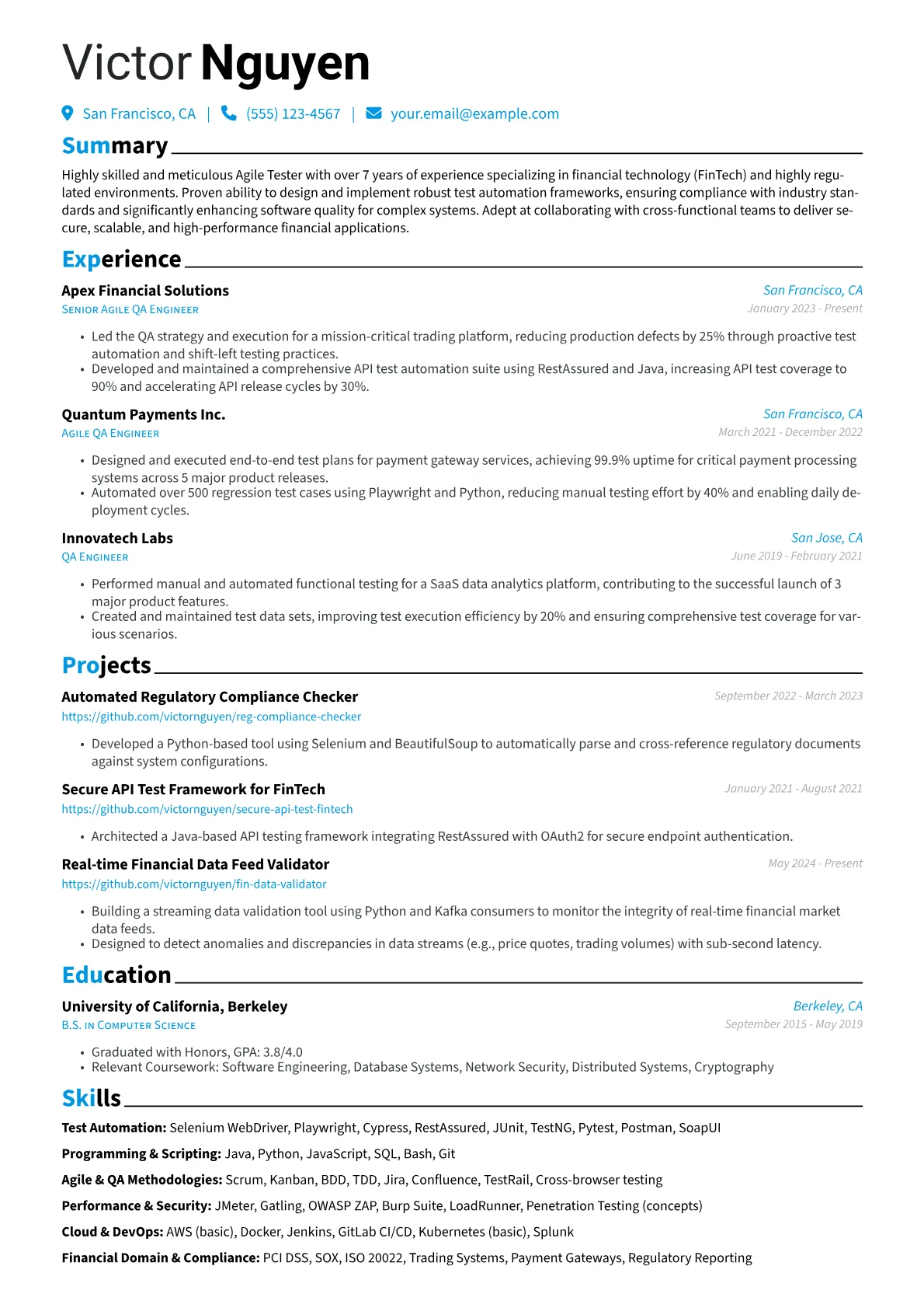 Agile Tester resume example, Agile Tester - FinTech, page 1