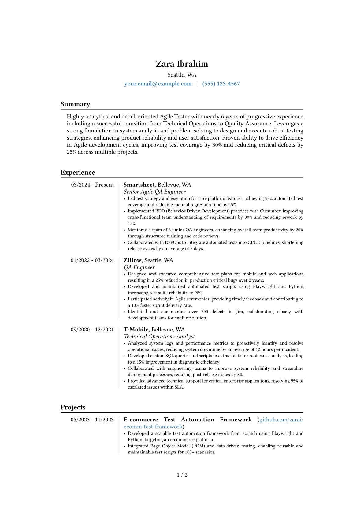 Agile Tester resume example, Career changer, page 1