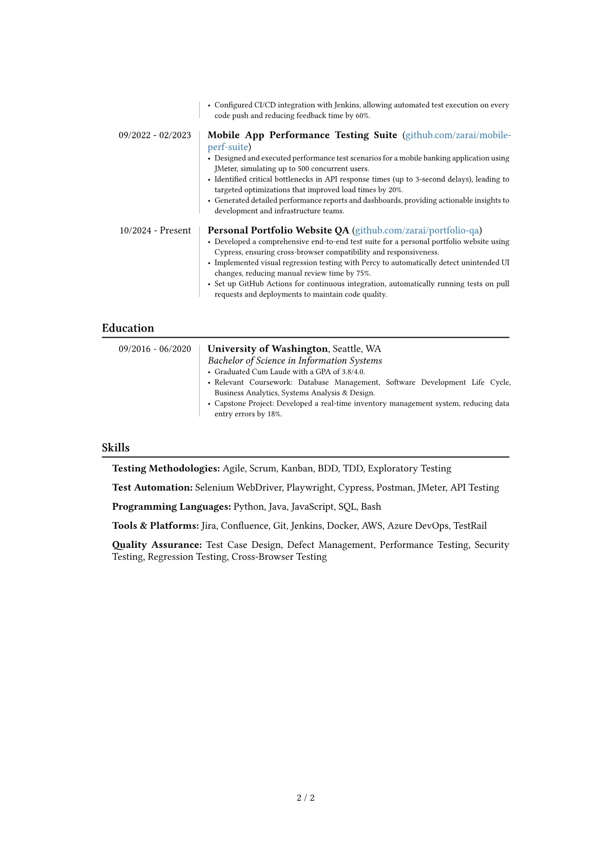 Agile Tester resume example, Career changer, page 2