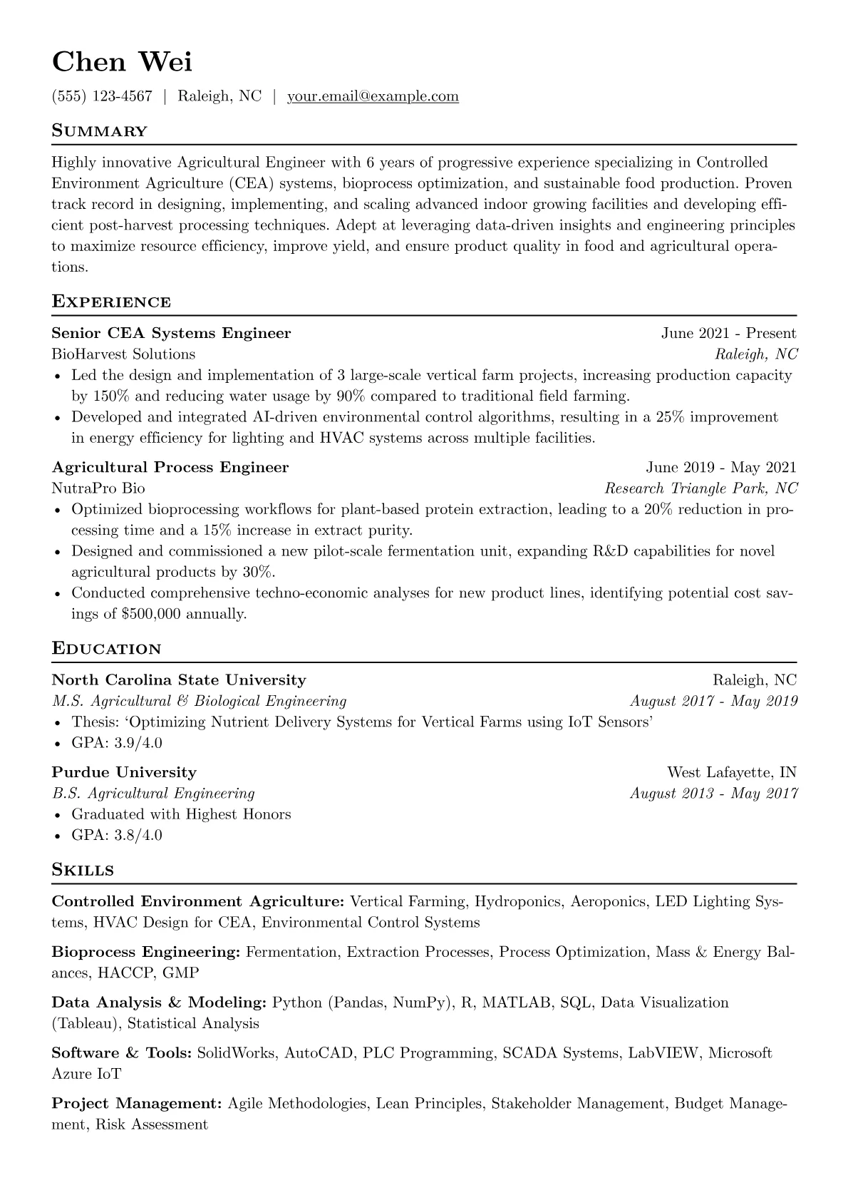 Agricultural Engineer resume example, Controlled Environment, page 1