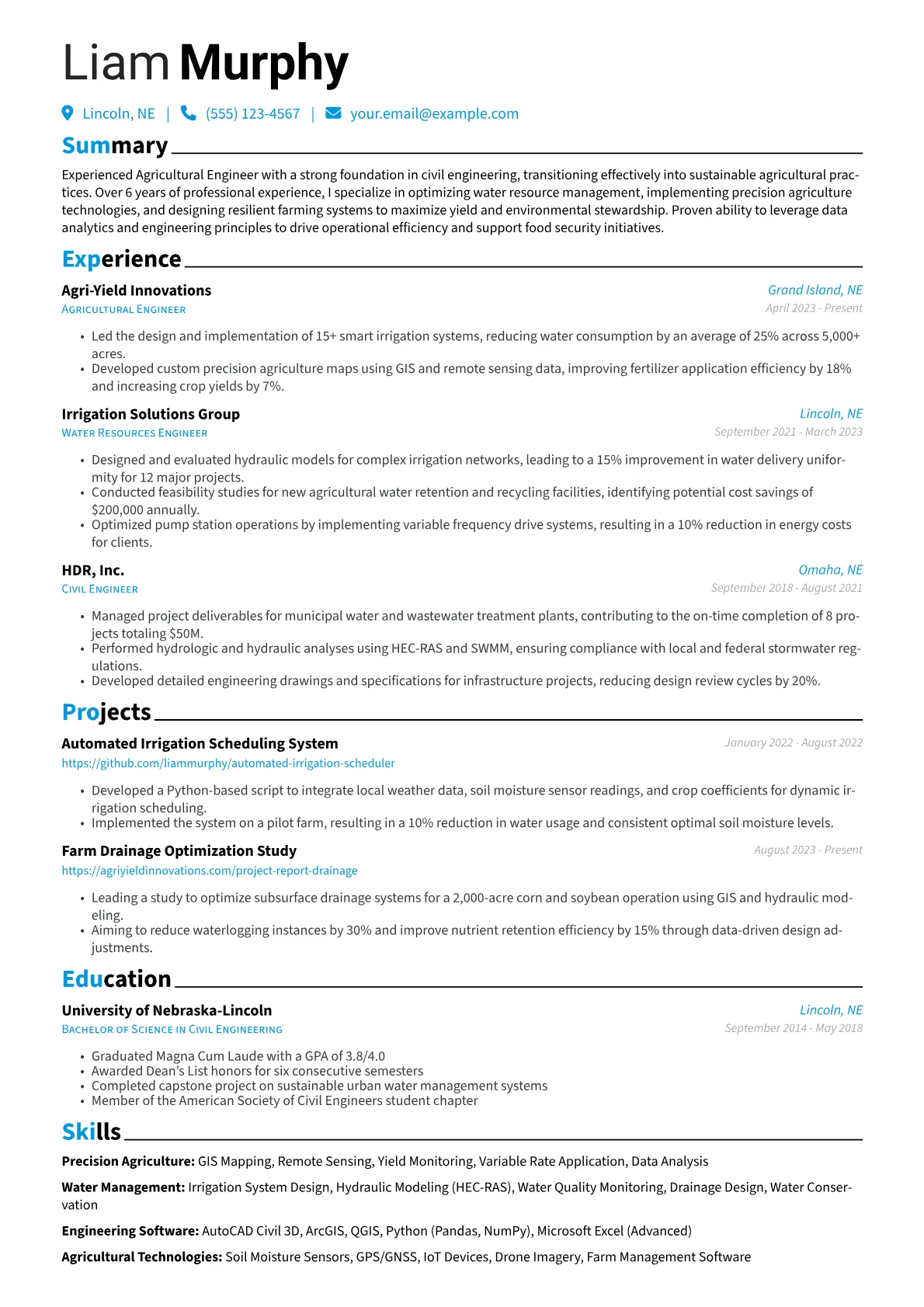 Agricultural Engineer resume example, Career changer, page 1