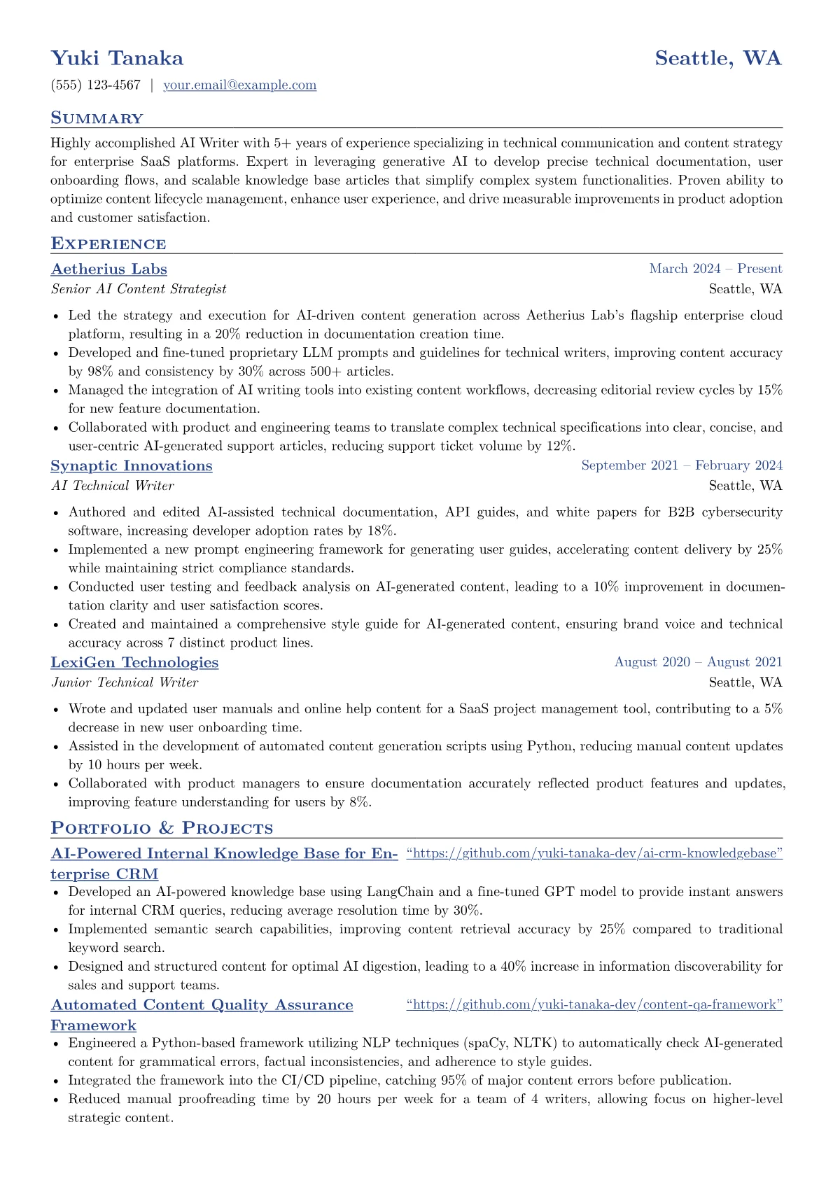 AI Writer resume example, AI Writer, page 1