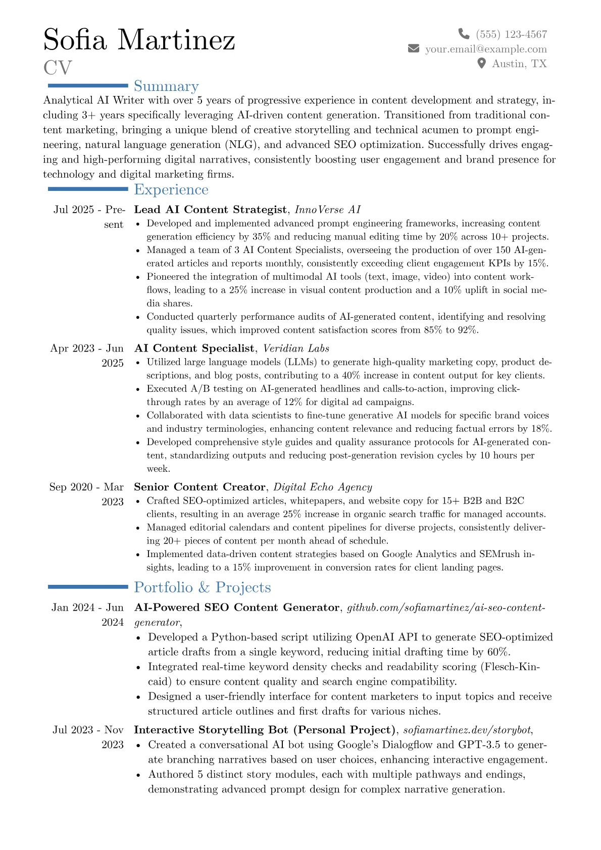 AI Writer resume example, Career changer, page 1