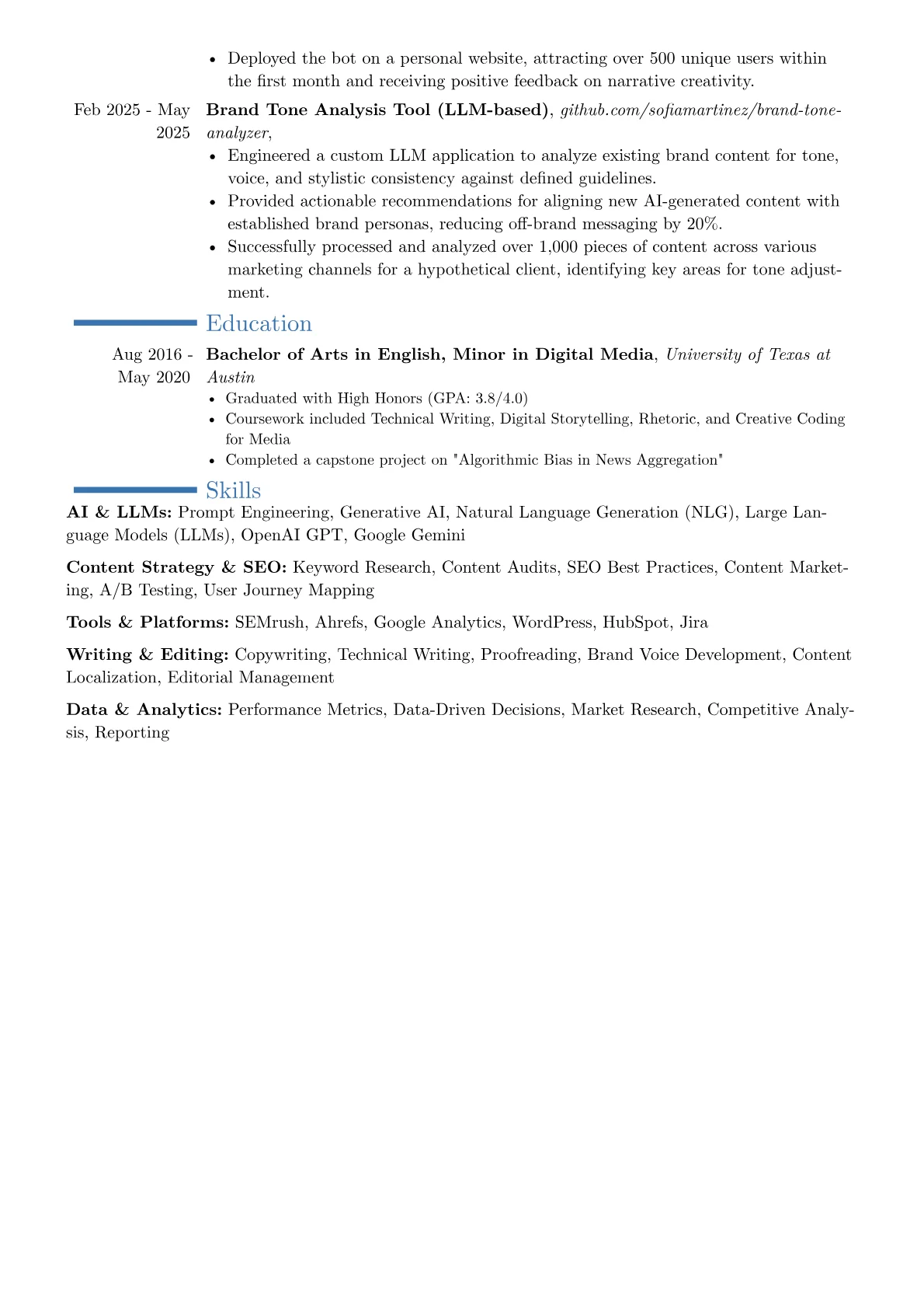 AI Writer resume example, Career changer, page 2