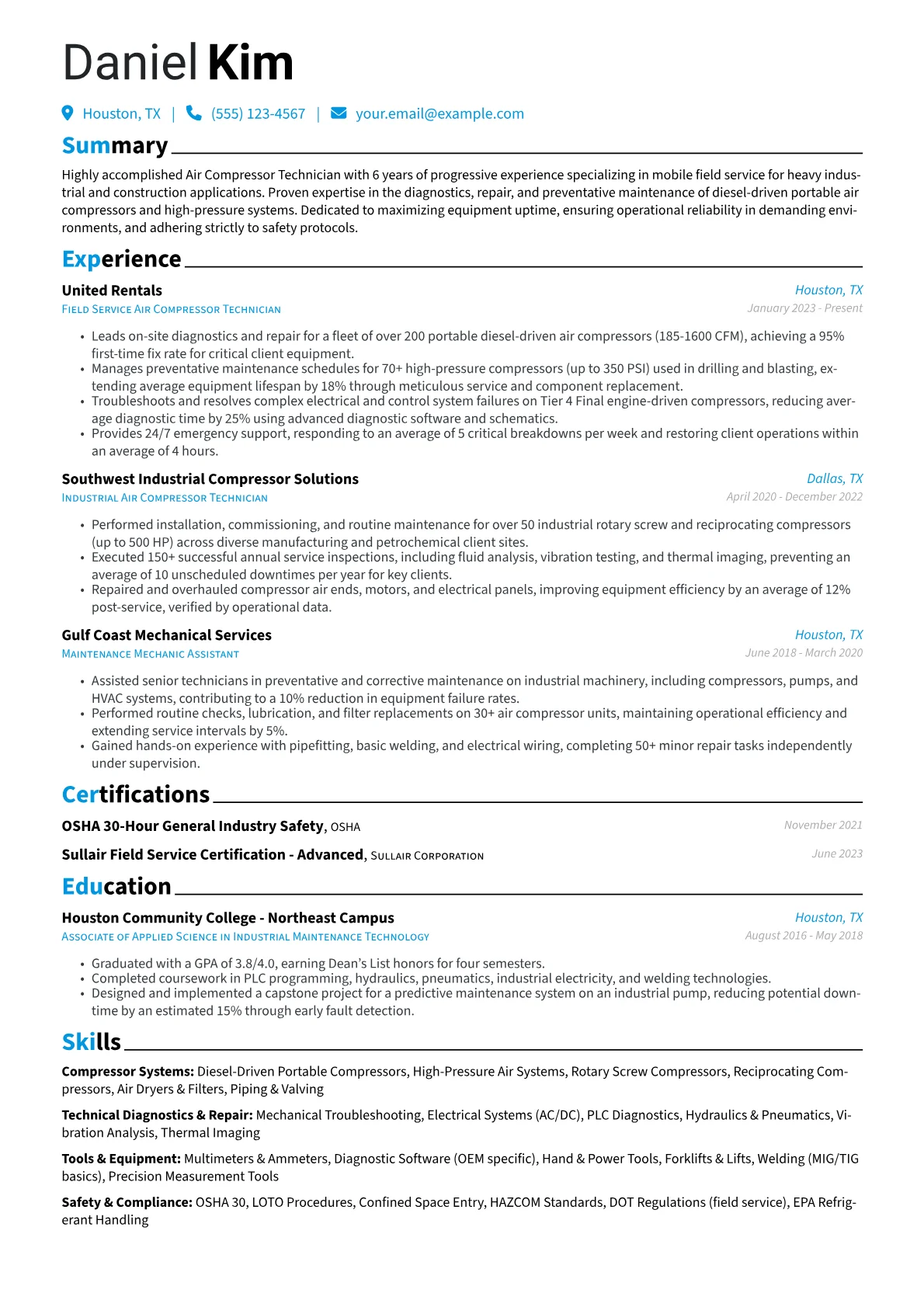 Air Compressor Technician resume example, Field Service & Heavy, page 1