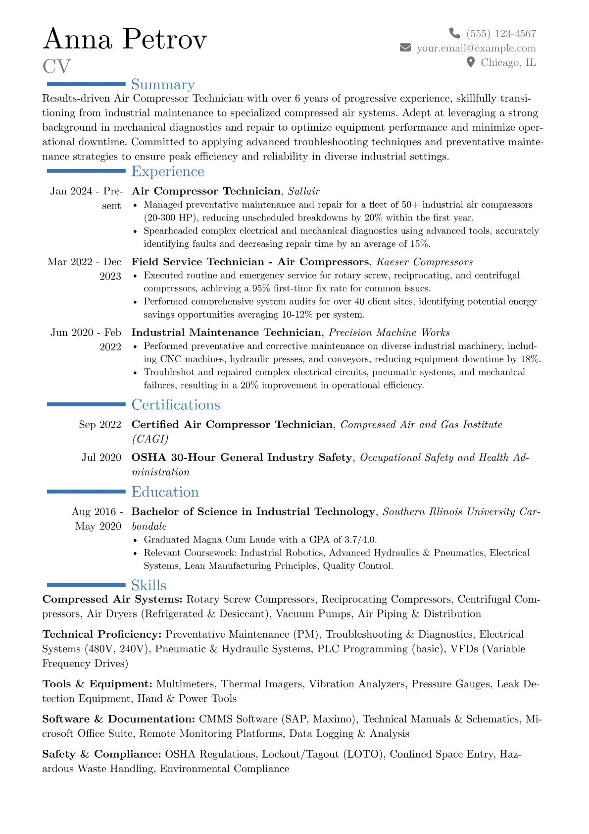 Air Compressor Technician resume example, Career changer, page 1