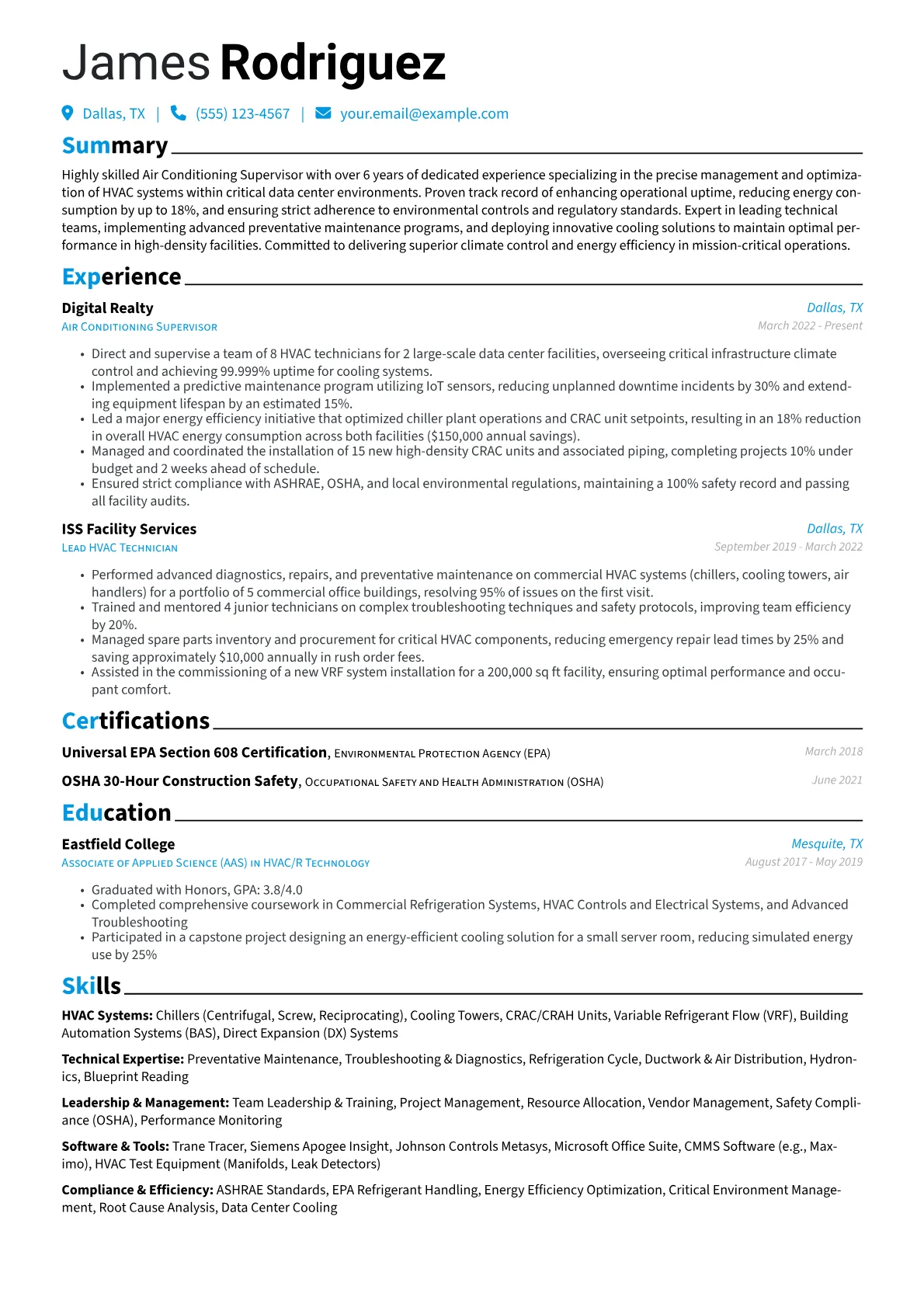 Air Conditioning Supervisor resume example, Critical Environment HVAC, page 1