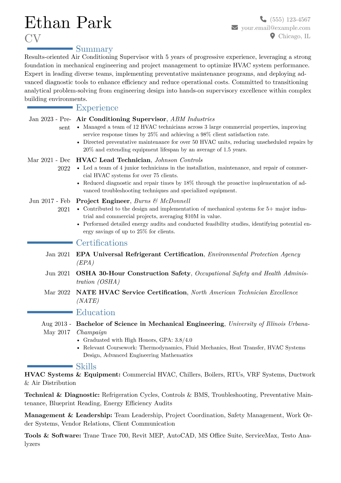 Air Conditioning Supervisor resume example, Career changer, page 1