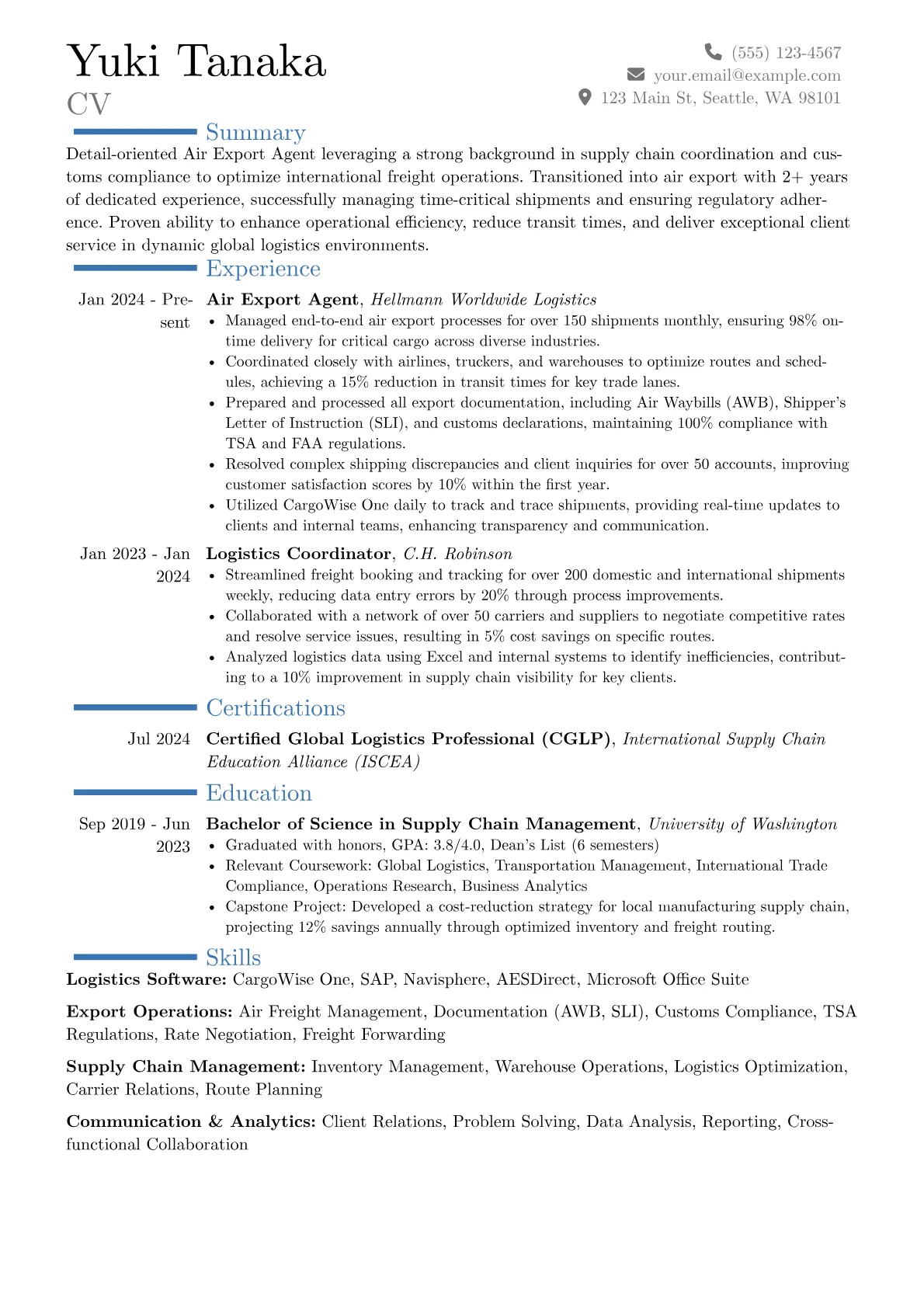 Air Export Agent resume example, Career changer, page 1