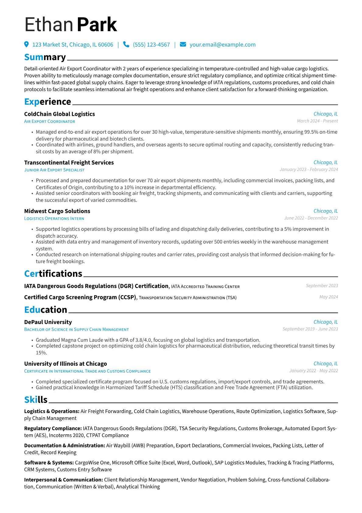 Air Export Coordinator resume example, Air Export Coordinator, page 1
