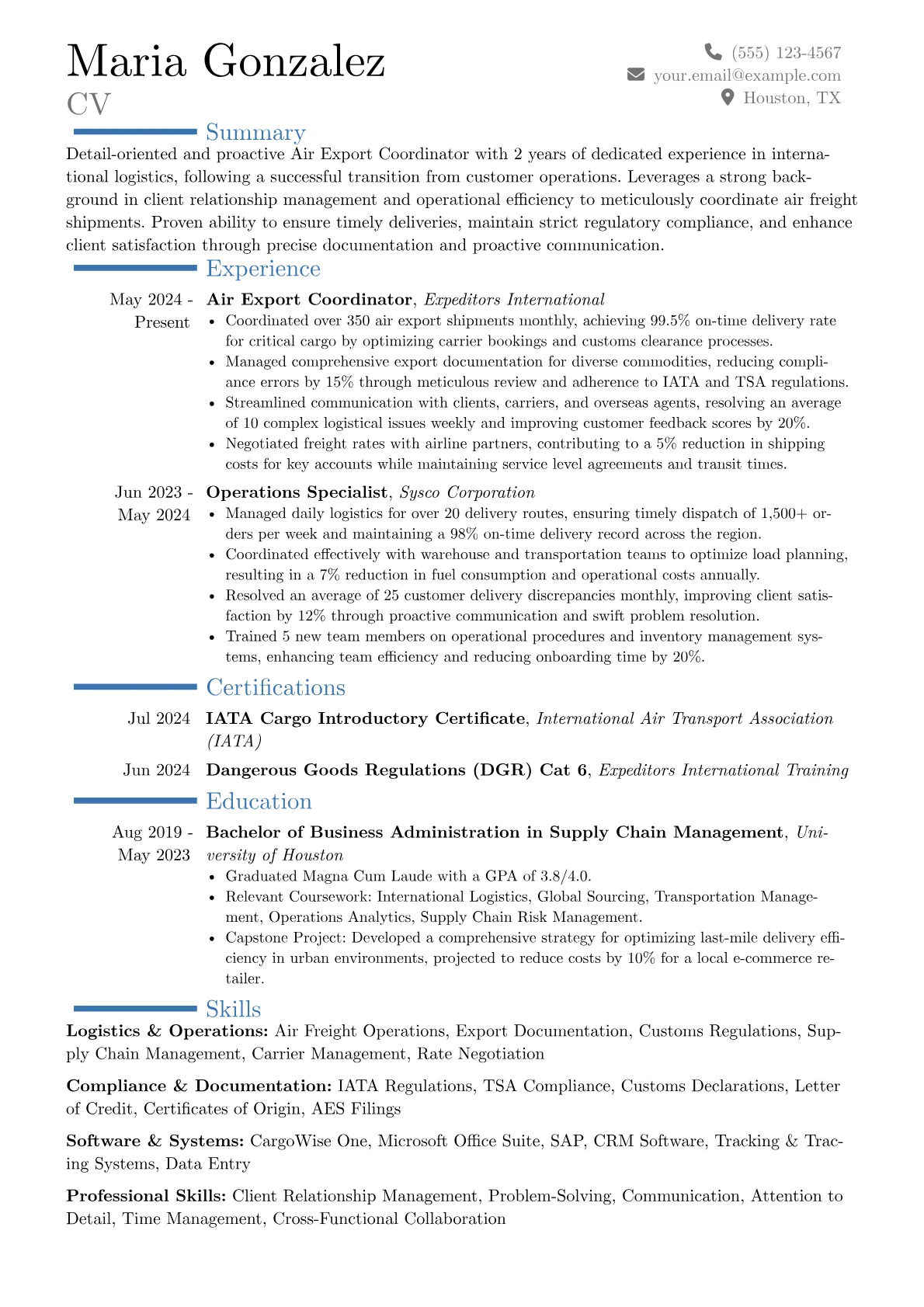 Air Export Coordinator resume example, Career changer, page 1