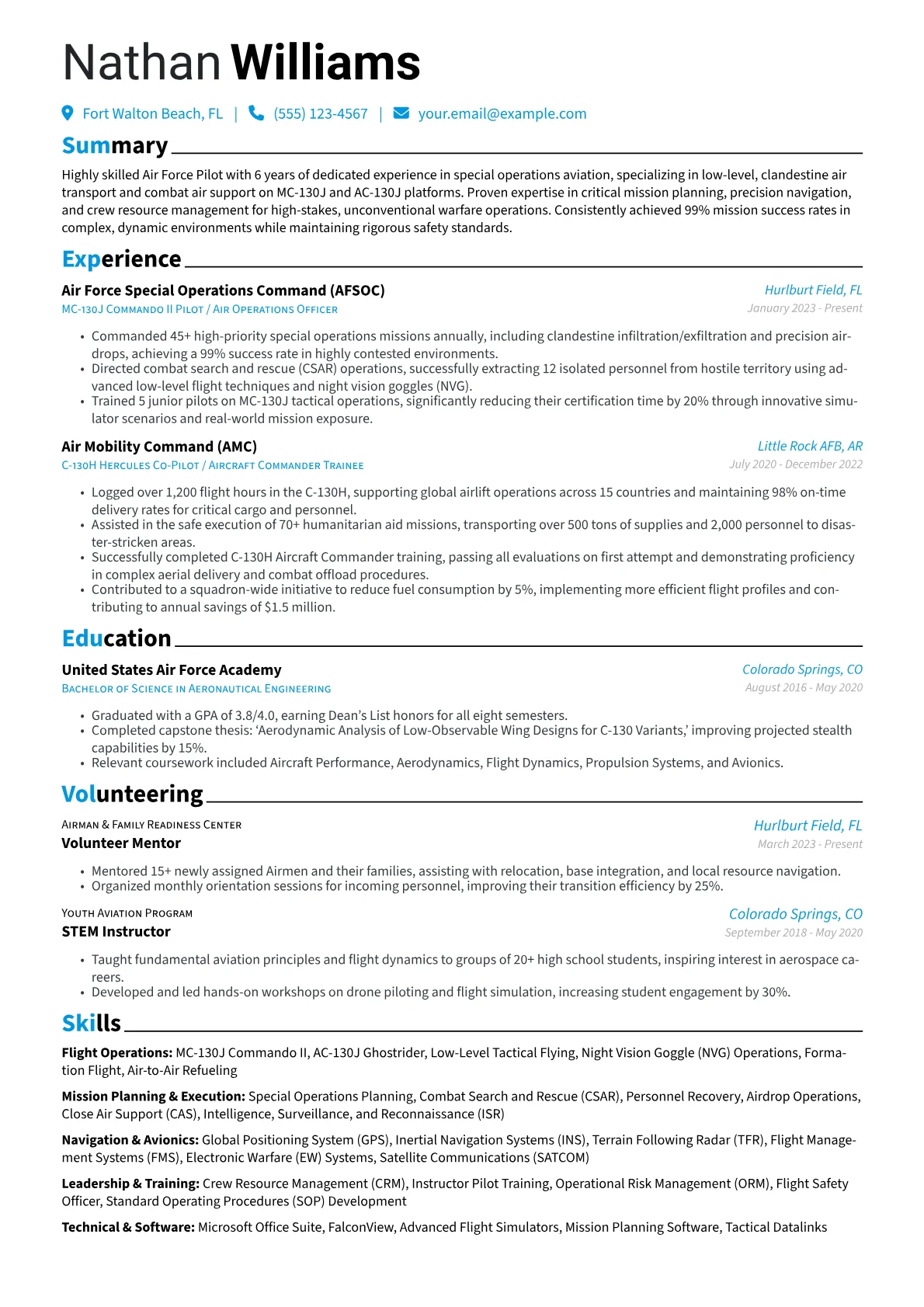 Air Force Pilot resume example, Air Force Special, page 1