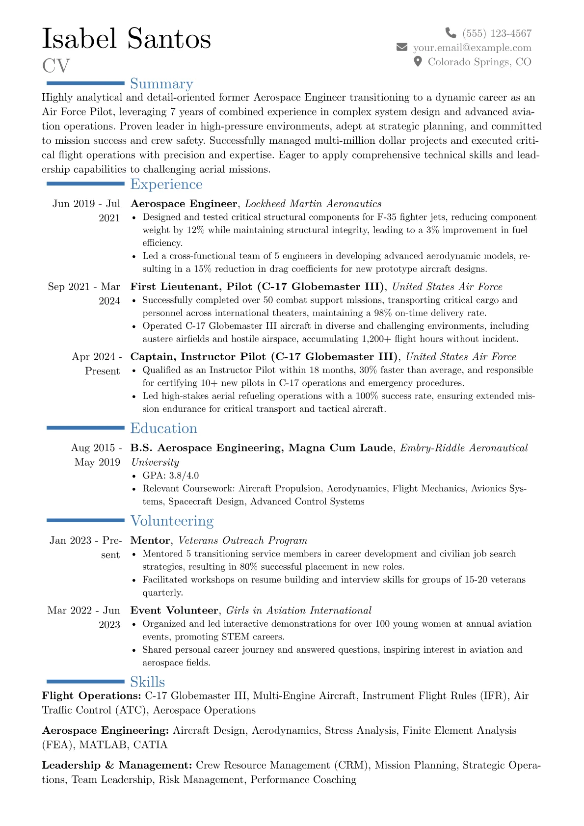 Air Force Pilot resume example, Career changer, page 1