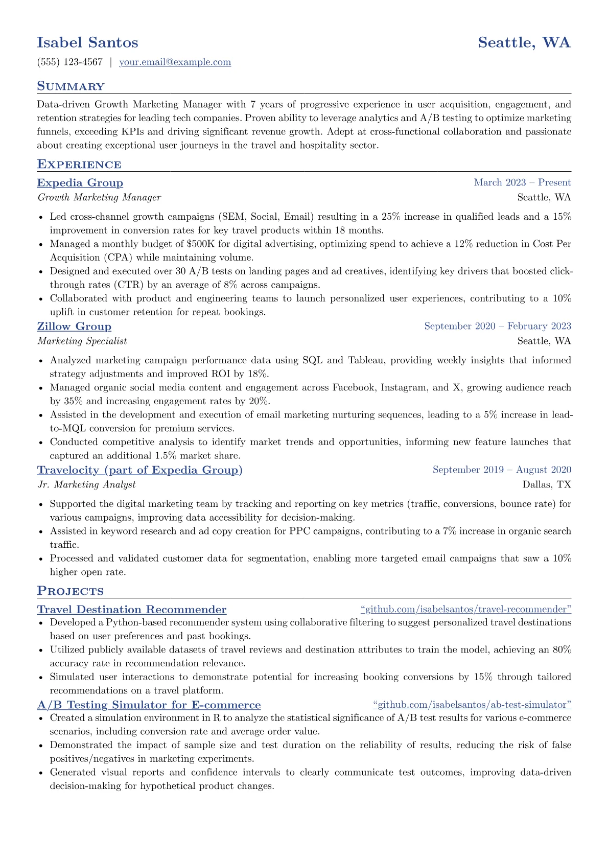 Airbnb resume example, Growth Marketing, page 1