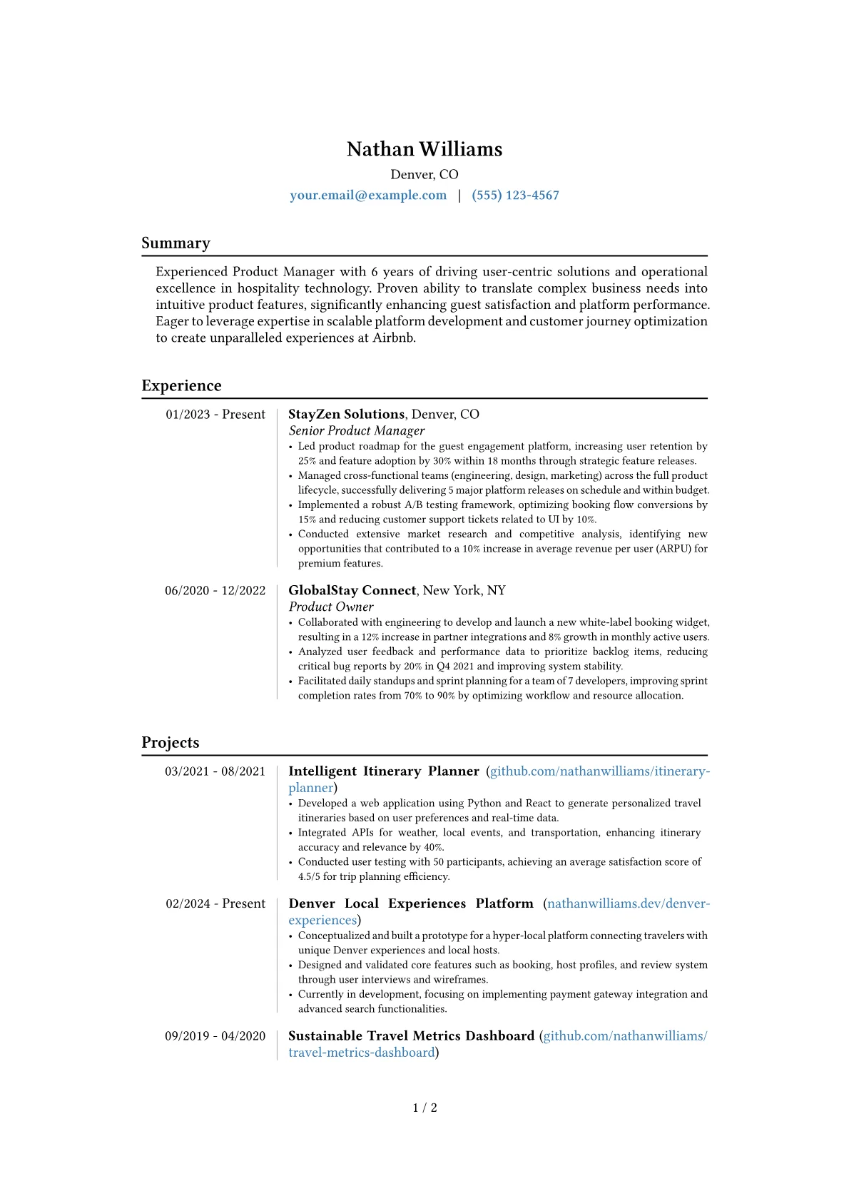 Airbnb resume example, Career changer, page 1