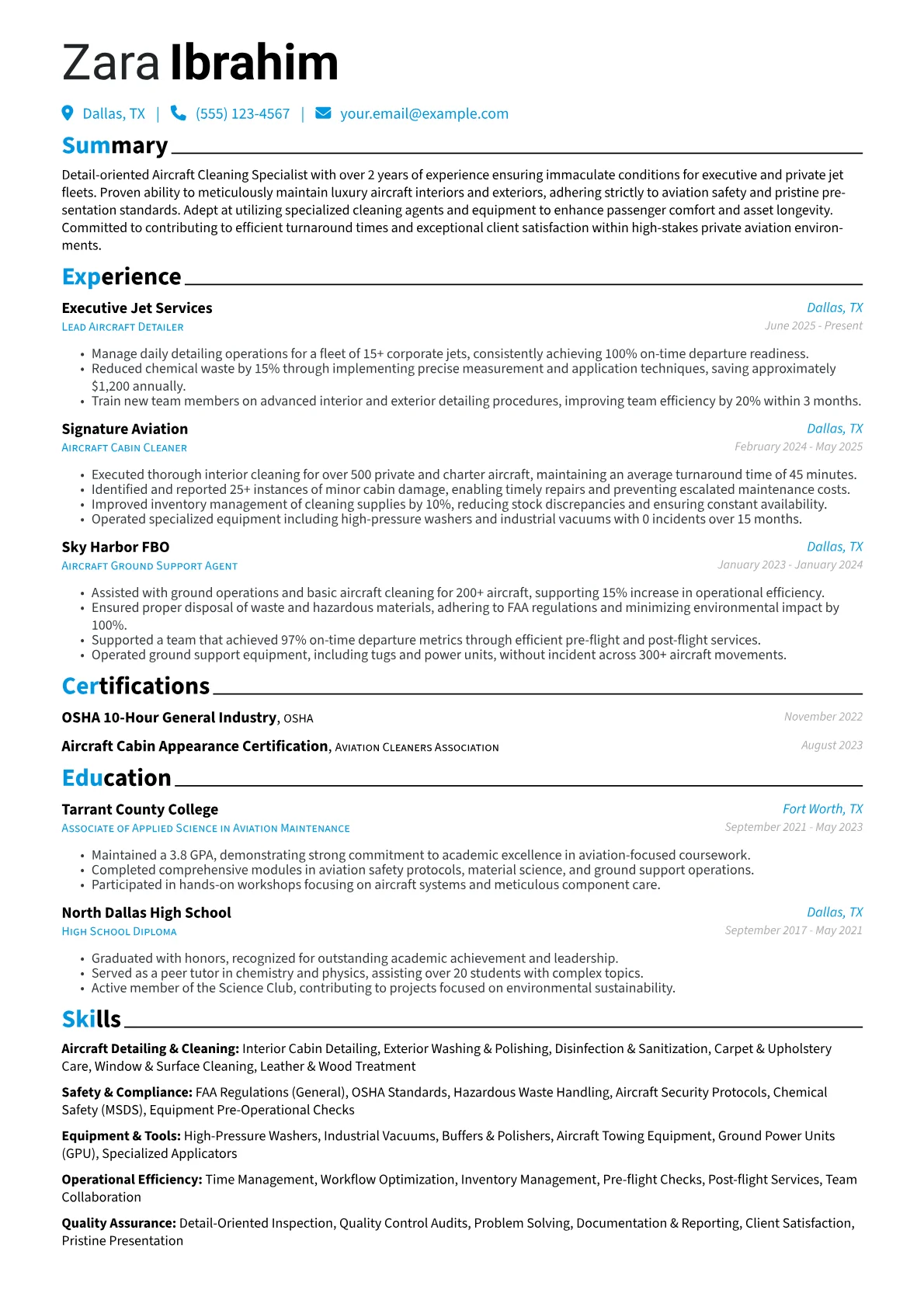 Aircraft Cleaner resume example, Private Aviation, page 1