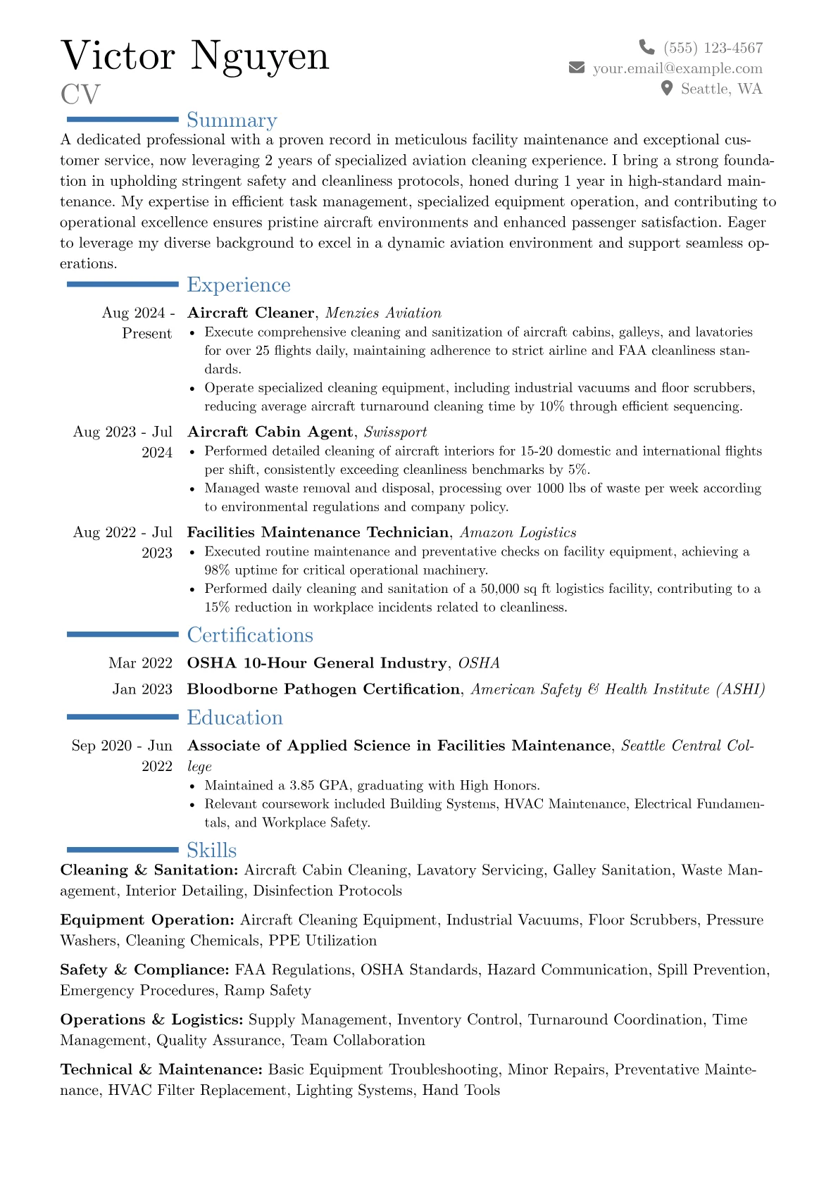 Aircraft Cleaner resume example, Career changer, page 1