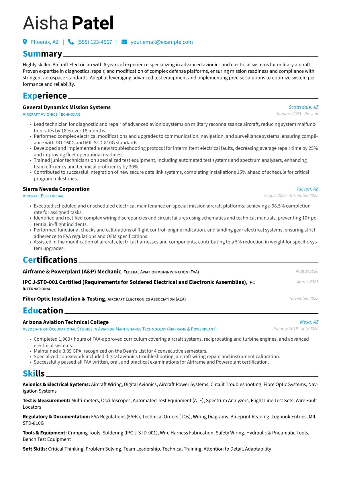 Aircraft Electrician resume example, Military Avionics, page 1