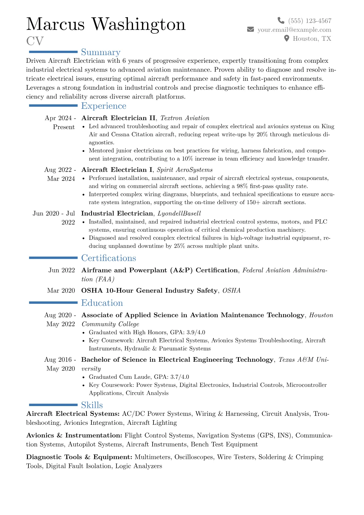 Aircraft Electrician resume example, Career changer, page 1