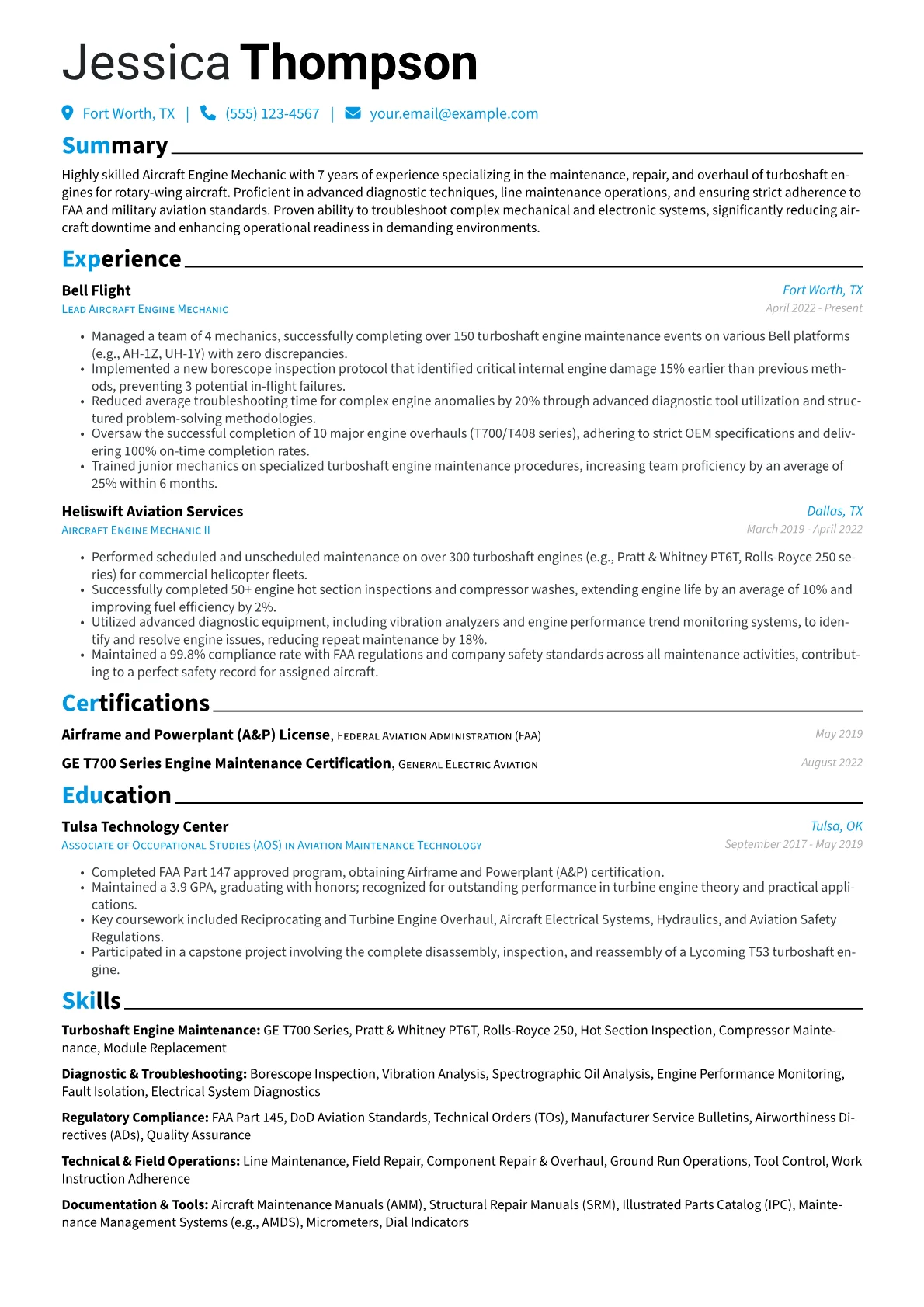 Aircraft Engine Mechanic resume example, Aircraft Engine Mechanic, page 1