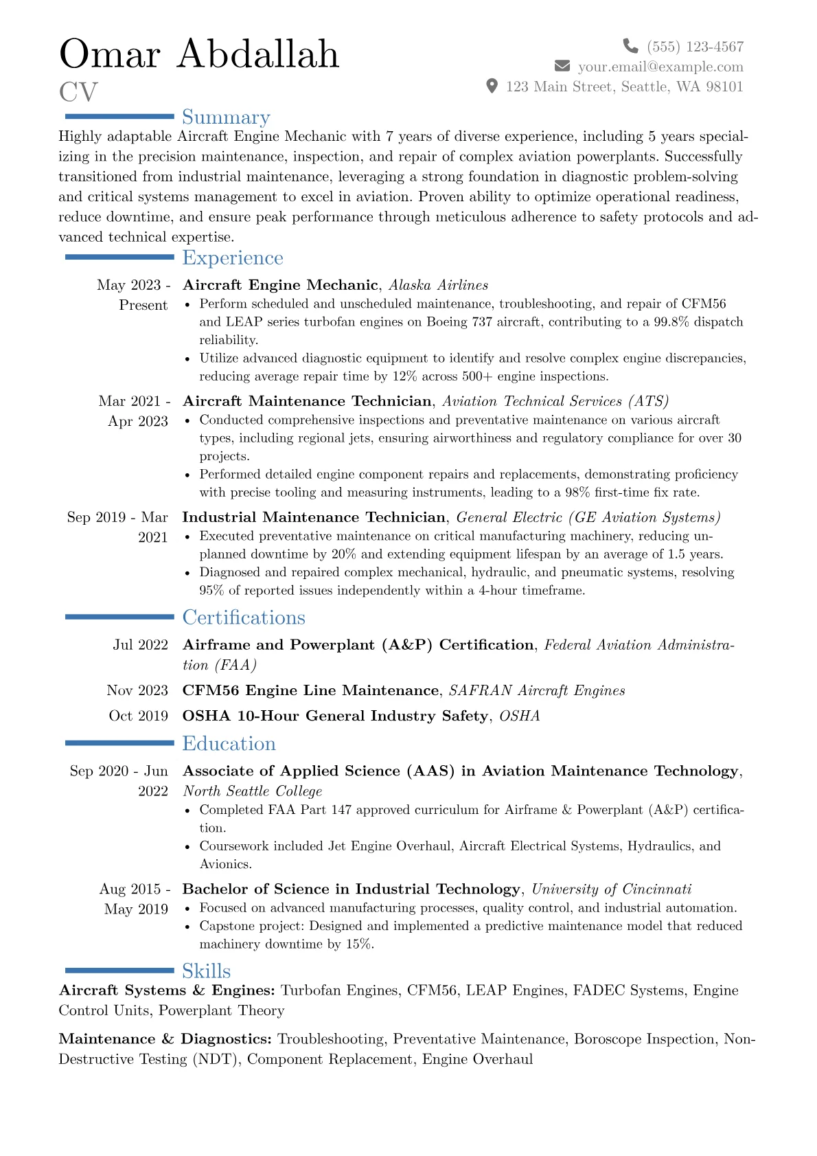 Aircraft Engine Mechanic resume example, Career changer, page 1