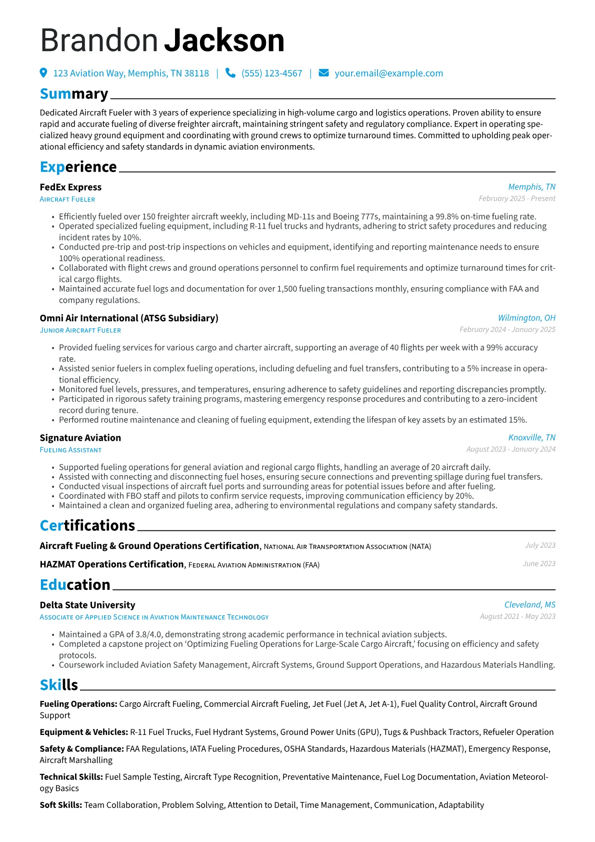 Aircraft Fueler resume example, Cargo Aircraft Fueler, page 1